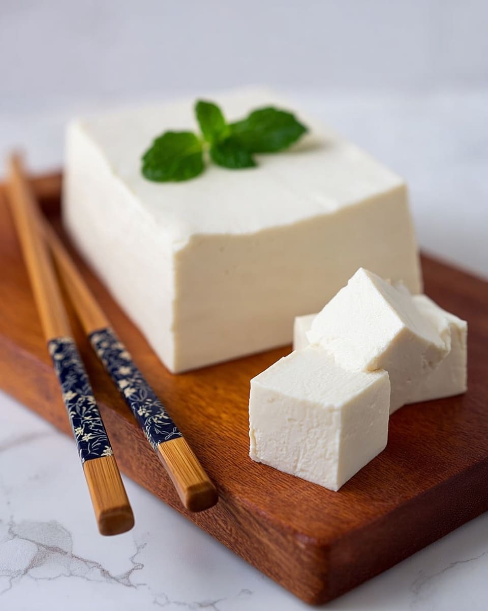 The image shows a large block of white tofu placed on a wooden cutting board. In front of the block, three smaller tofu cubes are arranged close together, topped with a small fresh green mint leaf. Behind the tofu block, two wooden chopsticks with dark blue and white decorative bands rest diagonally on the board. The background is a white marbled texture. photo taken with an iphone --ar 4:5 --v 7