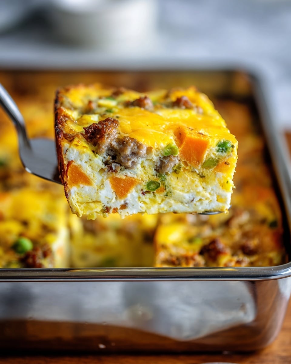A close-up of a thick square slice of egg casserole held by a woman's hand with a metal spatula over a shiny metal baking pan filled with the rest of the dish; the casserole has visible layers including a top layer of melted yellow cheese, a middle layer with white and light yellow egg mixture mixed with orange chunks of sweet potato and small pieces of browned sausage meat, and bits of green vegetables scattered throughout; the background and surface show a blurred white marbled texture. photo taken with an iphone --ar 4:5 --v 7