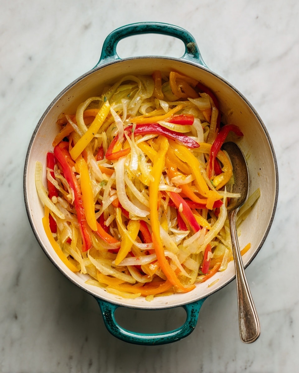 A white pot with teal handles holds a mix of cooked vegetables, including long strips of yellow and red peppers, thin slices of onion, and small pieces of garlic. The vegetables are lightly browned and mixed together, showing a soft texture with some shiny parts from cooking. A spoon rests inside the pot on the right side, partially covered by the vegetables. The pot sits on a white marbled surface. Photo taken with an iphone --ar 4:5 --v 7