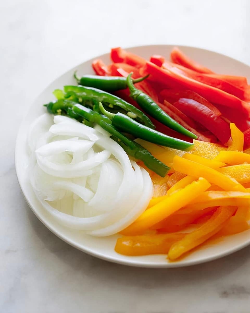A white plate is shown with four layers of sliced vegetables arranged side by side. The first layer on the left is made of thin white onion rings with a translucent texture. Next to the onions, there is a layer of red bell pepper strips, smooth and shiny. Above the peppers, there is a cluster of small green chili peppers, fresh and glossy. The last layer on the right consists of yellow bell pepper strips, bright and slightly shiny. The plate is placed on a white marbled surface with soft natural light. Photo taken with an iphone --ar 4:5 --v 7