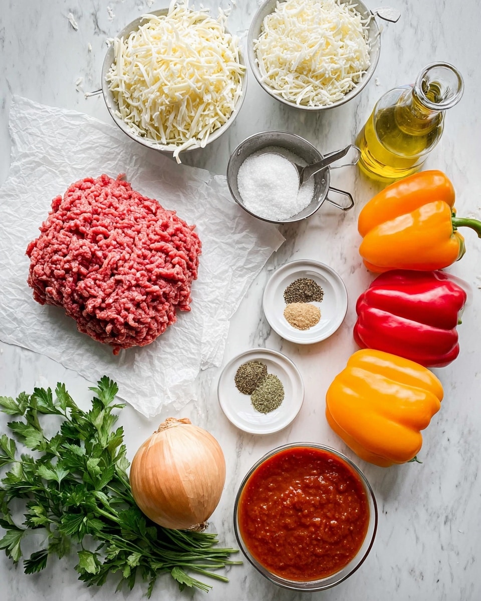 The image shows raw cooking ingredients neatly arranged on a white marbled surface. There is one layer of fresh ground beef resting on white parchment paper. Nearby, five whole bell peppers sit side by side in red, orange, red, red, and yellow colors. A single whole yellow onion is placed next to a bunch of fresh green parsley leaves. Three metal measuring cups hold shredded white cheese, shredded white Parmesan cheese, and cooked white rice. A small white dish contains salt, and a white plate holds three sections of dried spices in green, red, and pale beige colors. A small glass bottle of olive oil and a glass bowl of thick red tomato sauce complete the setup. Photo taken with an iphone --ar 4:5 --v 7