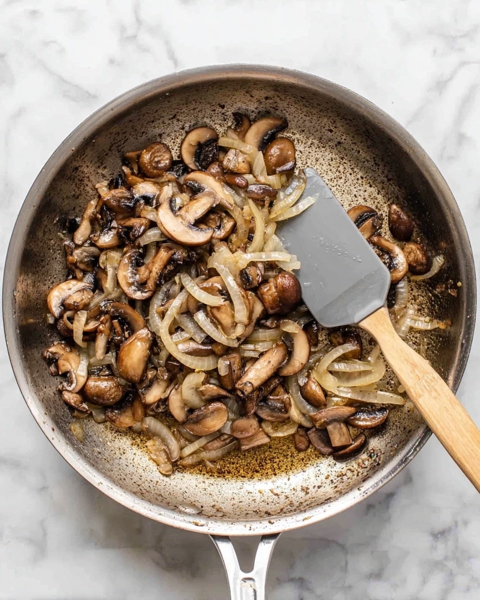 The image shows a silver pan filled with cooked sliced brown mushrooms and translucent cooked onion slices, spread mainly around the edges with a clear center where the pan surface is visible and browned. There is a gray spatula with a wooden handle resting inside the pan on the right side, touching some of the mushrooms and onions. The pan is sitting on a white marbled surface. Photo taken with an iphone --ar 4:5 --v 7