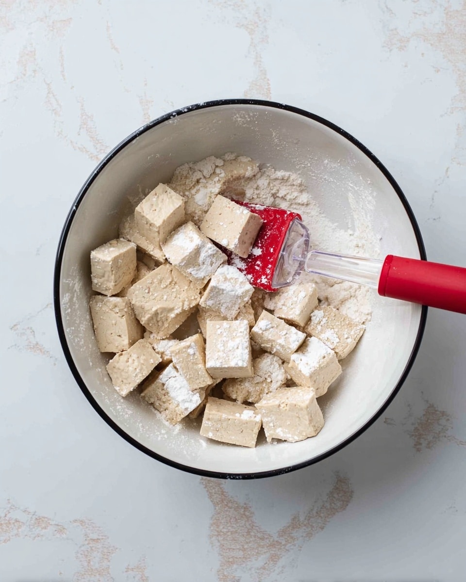 A white cutting board sits on a white marbled surface, with a block of pale beige tofu partially sliced into neat cubes. The left side of the block remains whole with visible cut lines, while to the right, roughly two dozen small tofu cubes are scattered loosely, showing smooth, slightly porous texture and soft edges. The scene is simple with uniform colors of pale off-white and cream against the clean white marble background. photo taken with an iphone --ar 4:5 --v 7