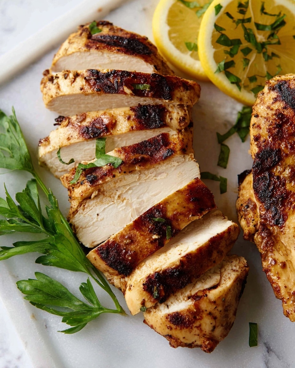 The image shows grilled chicken sliced into thick pieces with a golden brown, slightly charred surface and a tender white inside. The sliced chicken pieces are arranged in a slightly overlapping row on a white plate. To the top right, there are two lemon slices stacked on each other with chopped green herbs sprinkled on top. A few pieces of fresh green parsley leaves are scattered near the chicken on the white plate with a white marbled texture background. photo taken with an iphone --ar 4:5 --v 7