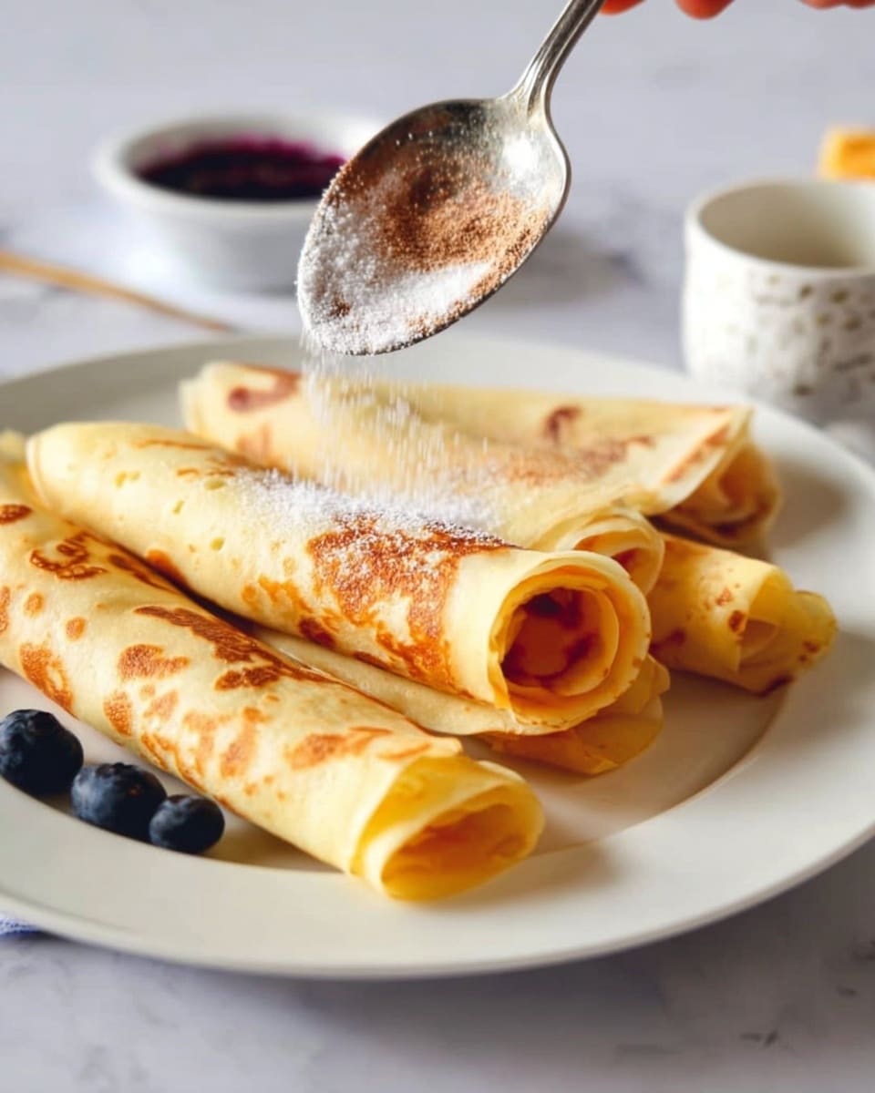 A white plate on a white marbled surface holds three rolled light yellow crepes with golden brown spots, with one long crepe in front and two smaller rolled crepes behind it. A woman's hand is holding a metal spoon above the crepes, sprinkling white granulated sugar mixed with a light brown powder onto the front crepe. There are a few dark blueberries on the plate beside the crepes, with a small white bowl of purple jam visible at the edge of the image. photo taken with an iphone --ar 4:5 --v 7
