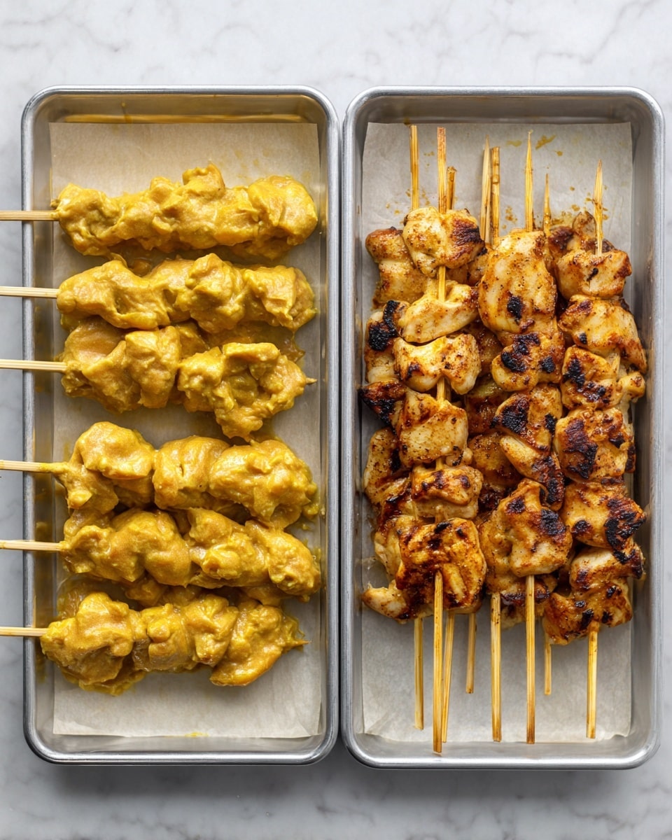 The image shows two metal trays side by side on a white marbled surface. The left tray has six wooden skewers each with several pieces of raw chicken coated in a thick yellow marinade. The chicken pieces appear soft and closely packed on each skewer with a textured, creamy surface. The right tray has six wooden skewers with cooked chicken pieces that are golden brown and slightly charred in places, showing a slightly crispy texture with some dark grill marks. The chicken pieces are evenly spaced and look juicy and tender. Both trays are rectangular and lined with parchment paper. photo taken with an iphone --ar 4:5 --v 7