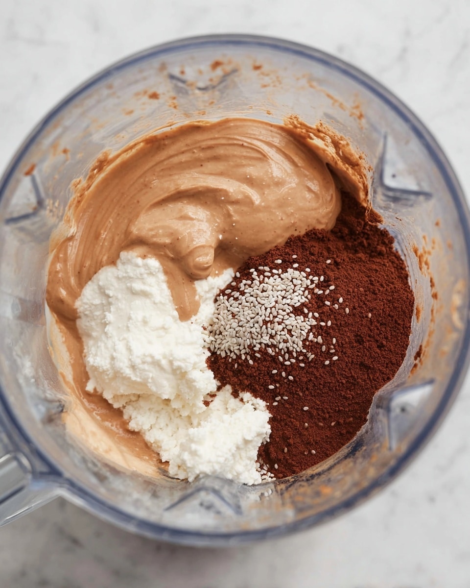 Inside a clear blender container, there are three main layers of ingredients ready to be mixed. On the left side, there is a thick, creamy layer of light brown peanut butter with a smooth texture. On the right side, a white, slightly lumpy layer of cottage cheese sits next to a dark brown powder layer of cocoa powder, which is spread thickly at the bottom center. Small white chia seeds are sprinkled lightly on top of the cocoa powder, adding texture contrast. The blender is placed on a white marbled surface. Photo taken with an iphone --ar 4:5 --v 7