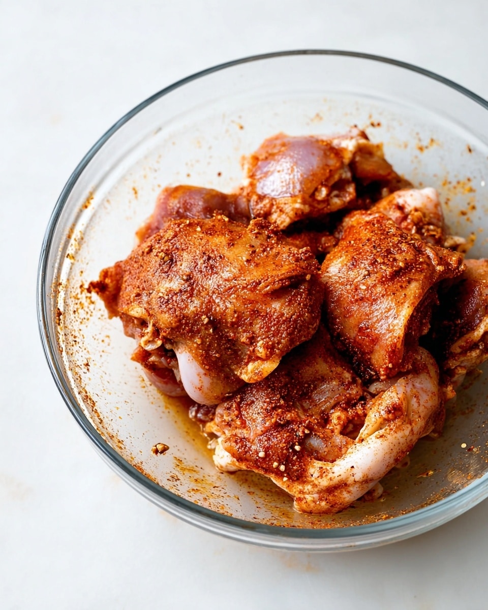 A clear glass bowl holds several pieces of raw chicken thighs coated with reddish-brown spices unevenly spread across each piece, showing a mix of smooth and slightly rough texture. The chicken pieces vary slightly in size and shape, layered closely together inside the bowl. The bowl sits on a white marbled surface that is clean and minimal, with a few scattered spice granules around the chicken and inside the bowl edges. The lighting is bright and natural, highlighting the contrast between the chicken skin's pale pink and the rich color of the spices. photo taken with an iphone --ar 4:5 --v 7