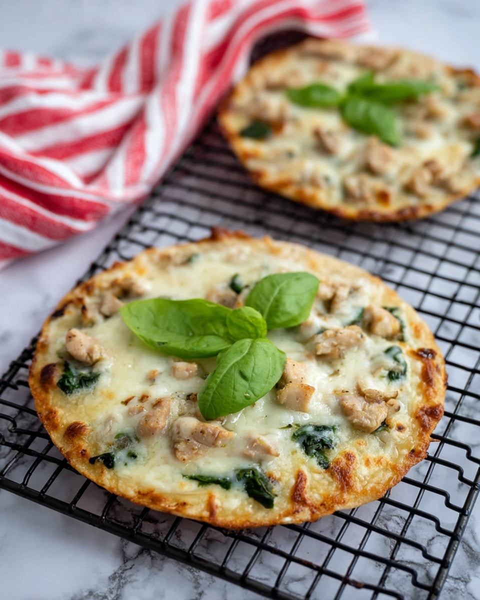 Two small round pizzas sit on a black cooling rack over a white marbled surface. Each pizza has a thin golden crust with a layer of melted white cheese covering it. Scattered over the cheese are pieces of light brown cooked chicken and dark green spinach leaves. The pizza in the front is topped with fresh bright green basil leaves placed in the center. A red and white striped cloth is softly draped in the background. photo taken with an iphone --ar 4:5 --v 7