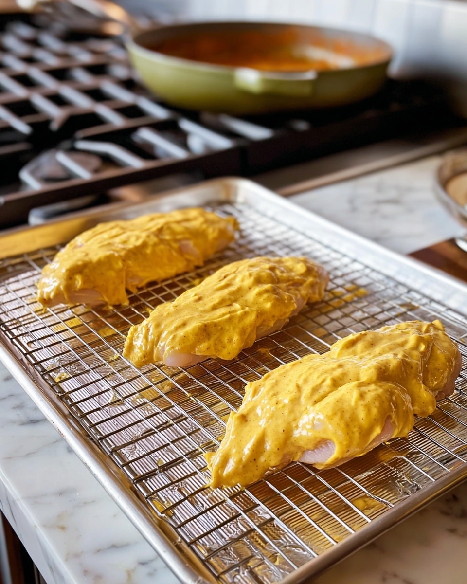 Three pieces of raw chicken covered in thick yellow mustard-colored sauce sit spaced out on a silver wire rack above a tray lined with foil on a white marbled surface. The sauce is creamy and textured, coating each piece fully with some knife marks visible on the top piece. In the blurred background, there is a green pan on a stovetop with a reddish-brown sauce inside. The kitchen setting shows a gas stove burner and part of the oven beneath. Photo taken with an iphone --ar 4:5 --v 7