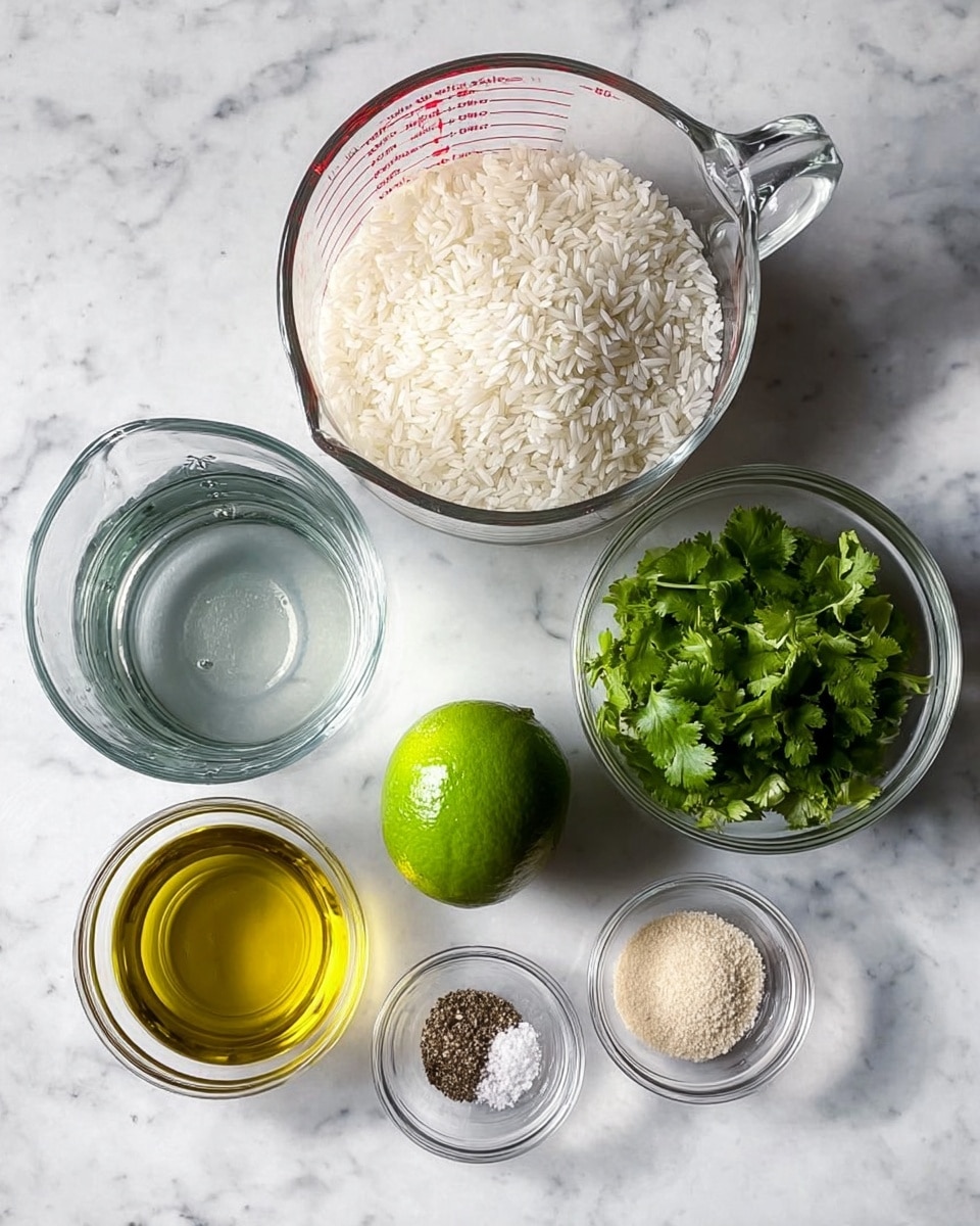 The image shows six ingredients arranged on a white marbled surface. At the top center, there is a clear glass bowl filled with white rice grains. To the left of it, there is a clear glass measuring cup filled with water, with red measurement markings visible. To the right of the rice bowl, there is another clear glass bowl filled with bright green fresh cilantro leaves. Below the rice, in the center, sits a whole, uncut green lime. At the bottom left, there is a small clear glass bowl containing golden olive oil. To the bottom right, a small clear glass bowl contains three types of seasonings: white salt, black pepper, and a light beige powder. The lighting is natural and soft, with no shadows, and the setup looks neat and clean. photo taken with an iphone --ar 4:5 --v 7