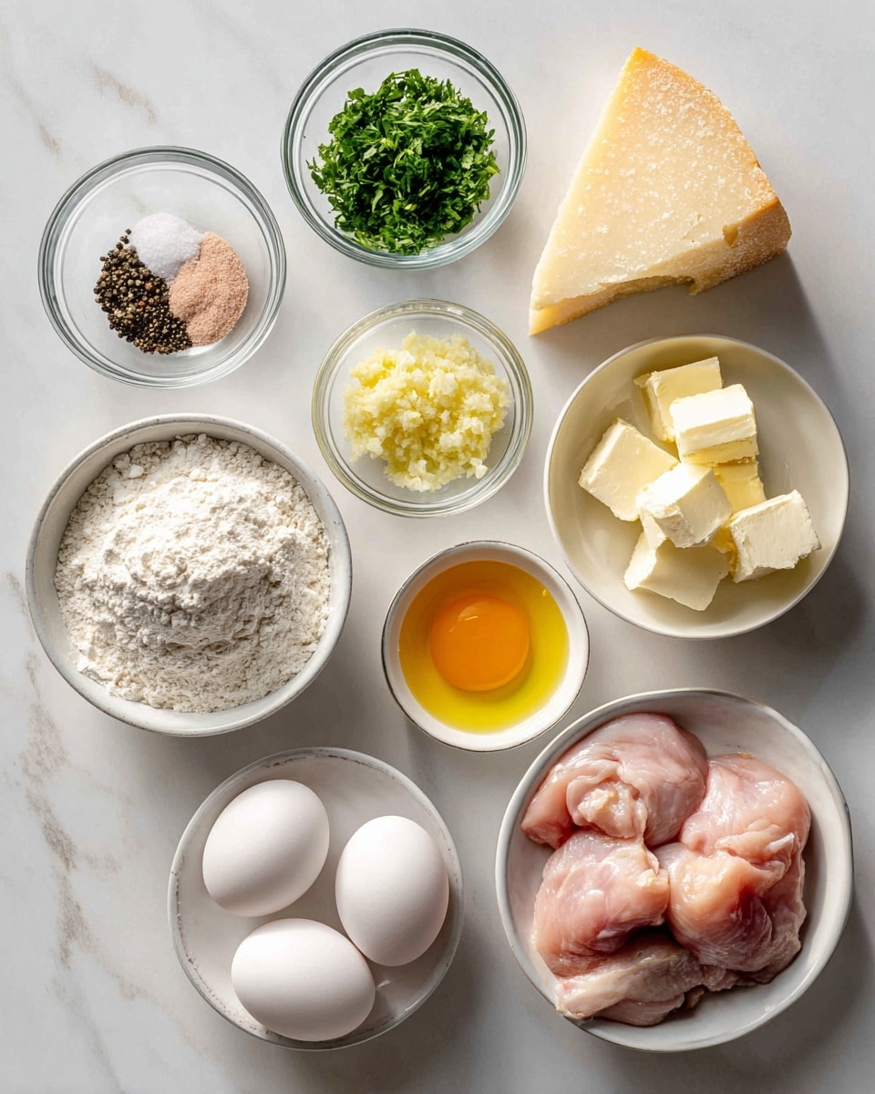 The image shows several cooking ingredients arranged neatly on a white marbled surface. Starting from the top left, there's a small clear glass bowl with black pepper and pink salt, below it another small clear glass bowl with bright green chopped parsley, and below that a tiny clear bowl containing light yellow minced garlic. To the right of these, in the upper center, there is a small white bowl filled with light brown garlic powder and next to it a piece of pale yellow Parmesan cheese shaped like a wedge with a slightly rough texture. To the right again, there is a small white bowl with pale yellow butter chunks and below it, another small white bowl with amber orange oil. On the bottom left, there's a medium white bowl holding three plain white eggs. Next to it, a larger clear glass bowl filled with white flour with a powdery texture. Lastly, on the bottom right, there is a white bowl with raw chicken, showing pink smooth skin and plump shapes. Each ingredient is labeled with bold black text. Photo taken with an iphone --ar 4:5 --v 7