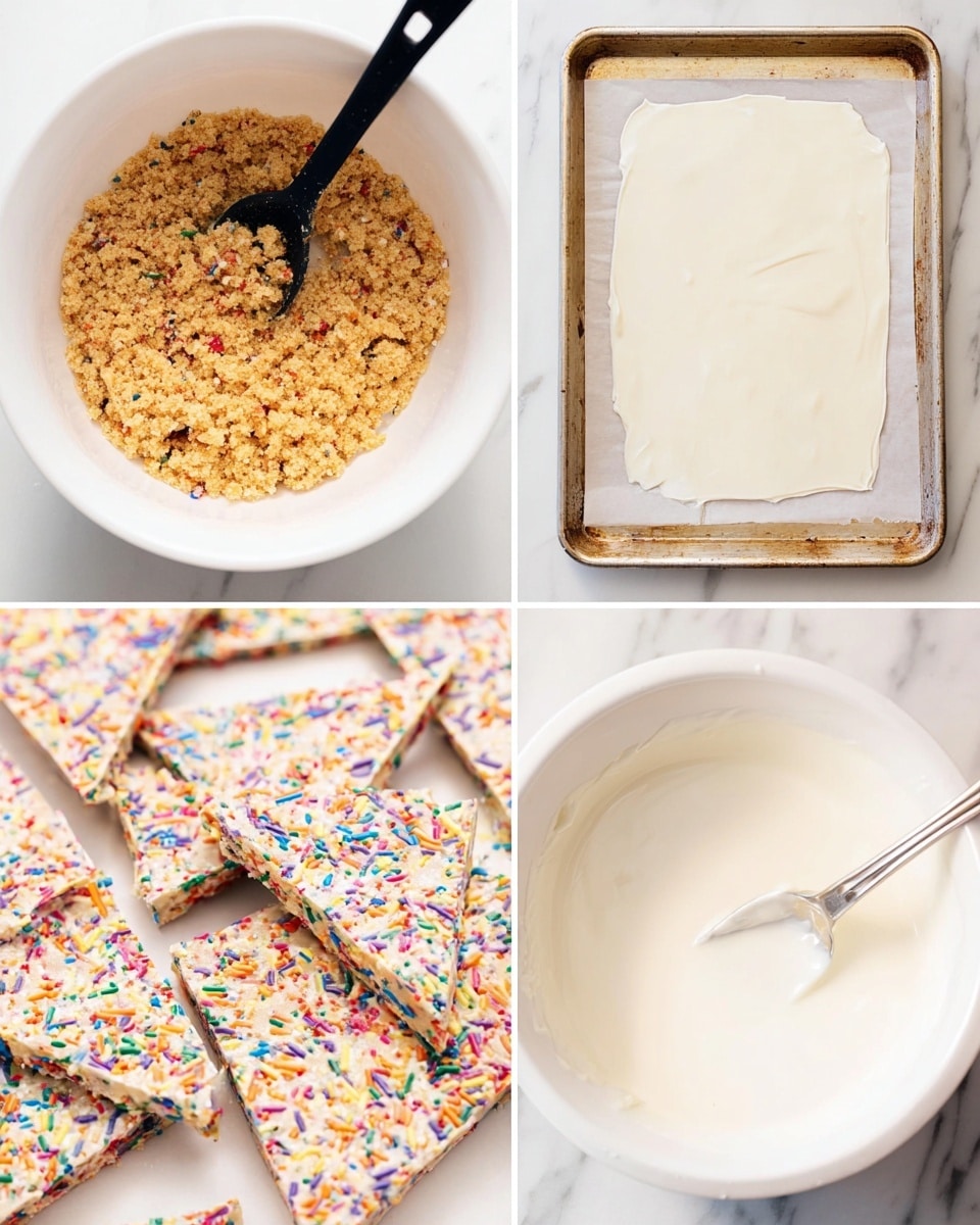The images show a four-step process of making a dessert bark. The first layer is a beige crumbly dough mixed with colorful sprinkles inside a white bowl, stirred with a black spoon. The second layer shows the dough spread thin and flat on parchment paper inside a baking tray with a white marbled surface visible around it. The third layer is a smooth, glossy white coating being stirred in a white bowl with a silver spoon. The last layer is the finished bark, consisting of a thick white layer topped with scattered colorful sprinkles, broken into uneven triangular pieces and spread on a white marbled surface. photo taken with an iphone --ar 4:5 --v 7