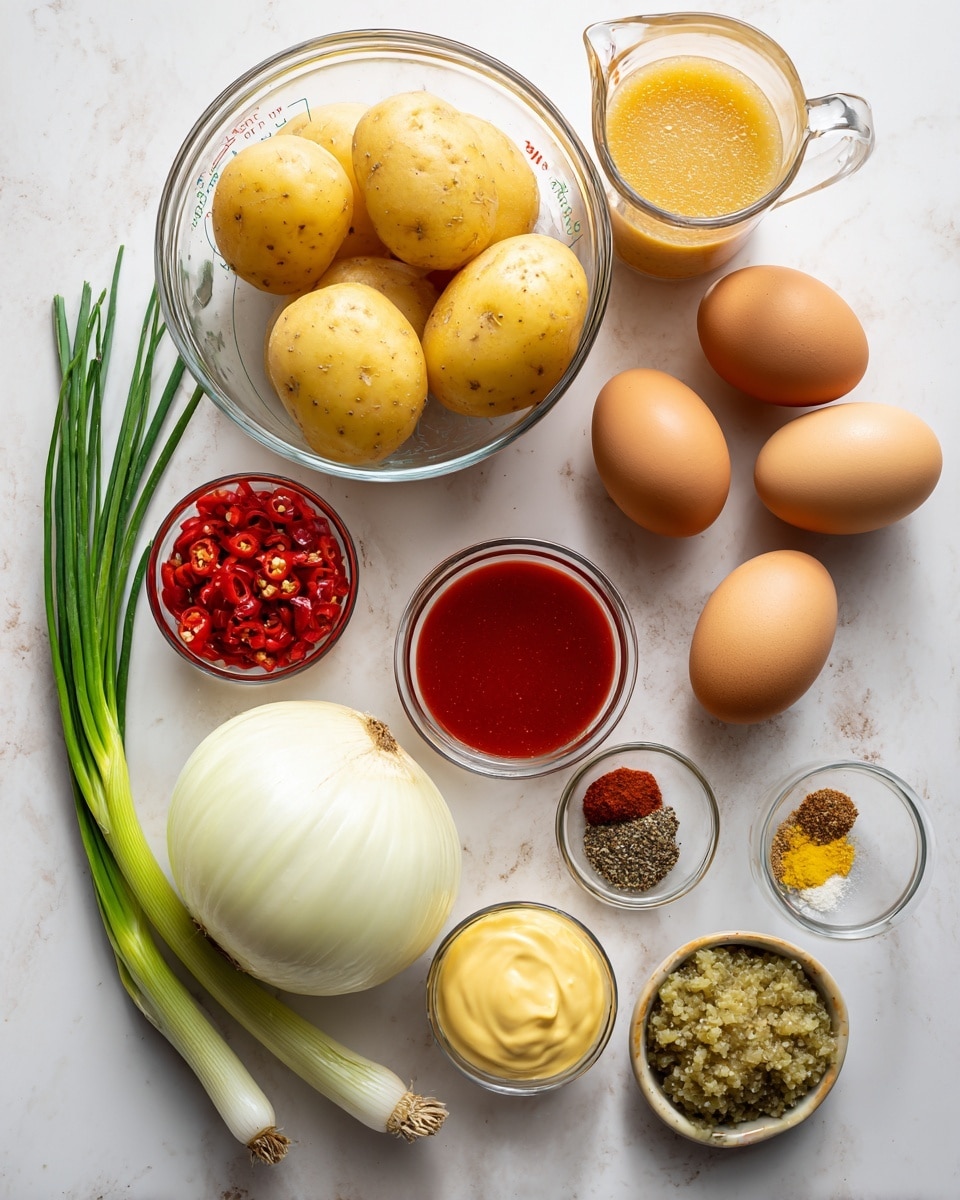 The image shows an arrangement of cooking ingredients on a white marbled surface. At the center, there is a clear glass bowl filled with yellow Yukon gold potatoes, with two more potatoes placed beside the bowl. To the right, a smaller clear bowl holds several brown eggs. Above the potatoes, there is a glass measuring cup filled with light orange broth or stock. Nearby, a small glass jar contains bright red pimentos. On the left side of the potatoes, there is a halved white onion with visible layers and some green chives and celery stalks lying beside it. Below, a small red bowl contains smooth pale yellow mayo, while a yellow bowl next to it holds a mix of spices in red, black, and beige. A small clear container of yellow mustard is also present near the spices. Above the potatoes, a small glass bowl holds a coarse-textured sweet relish colored greenish-brown. Everything is neatly arranged in a well-lit setting. Photo taken with an iphone --ar 4:5 --v 7