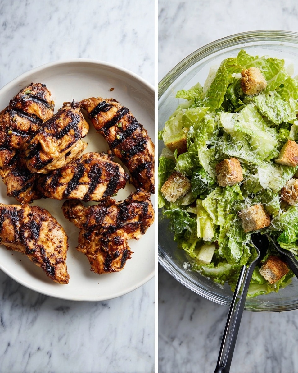 On the left, a white plate holds six grilled chicken pieces with visible grill marks in dark brown and golden hues, showing a charred and juicy texture. On the right, a clear glass bowl contains a fresh green salad made of roughly torn lettuce leaves, light green to dark green in color, mixed with small golden croutons and a sprinkling of grated cheese, with black tongs resting in the bowl. Both dishes are placed on a white marbled surface. photo taken with an iphone --ar 4:5 --v 7