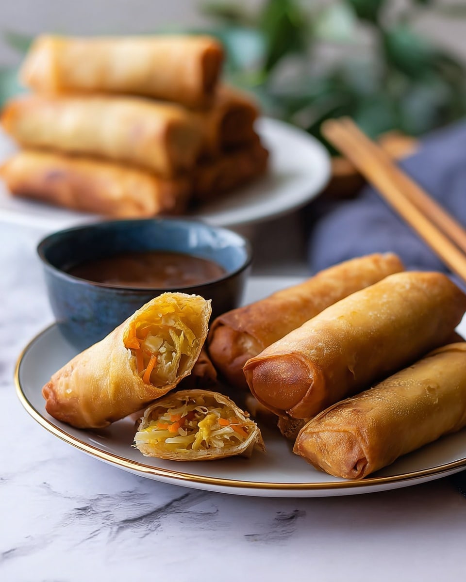 A close-up view of a golden brown fried spring roll being dipped into a small white bowl filled with thick, shiny, brown sweet chili sauce with visible red chili flakes. The spring roll shows a crisp textured surface and some filling of shredded vegetables. Surrounding the bowl are several more spring rolls with the same crispy golden layer, some whole and one broken open to reveal a colorful mix of orange carrots and pale yellow noodles inside. The bowl and spring rolls rest on a white marbled surface. The photo taken with an iphone --ar 4:5 --v 7