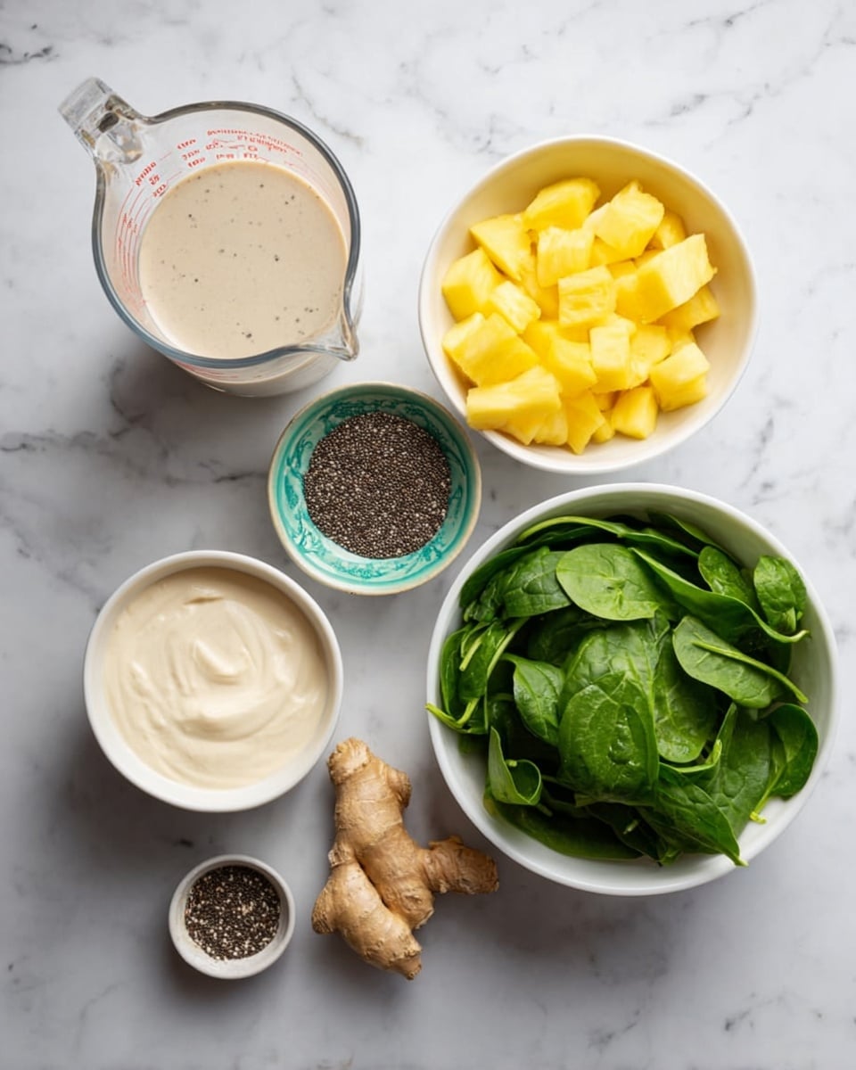 The image shows six containers arranged on a white marbled surface, each holding different ingredients. There is a clear glass measuring cup with a light beige liquid on the left side. Next to it are five white bowls: a larger bowl filled with fresh green spinach leaves, a smaller bowl with bright yellow pineapple chunks, another bowl containing creamy light beige thick yogurt, a small dish with dark chia seeds, and a tiny bowl holding a few pieces of fresh ginger root. The containers are neatly placed, highlighting the fresh and natural textures and colors of the ingredients. Photo taken with an iphone --ar 4:5 --v 7