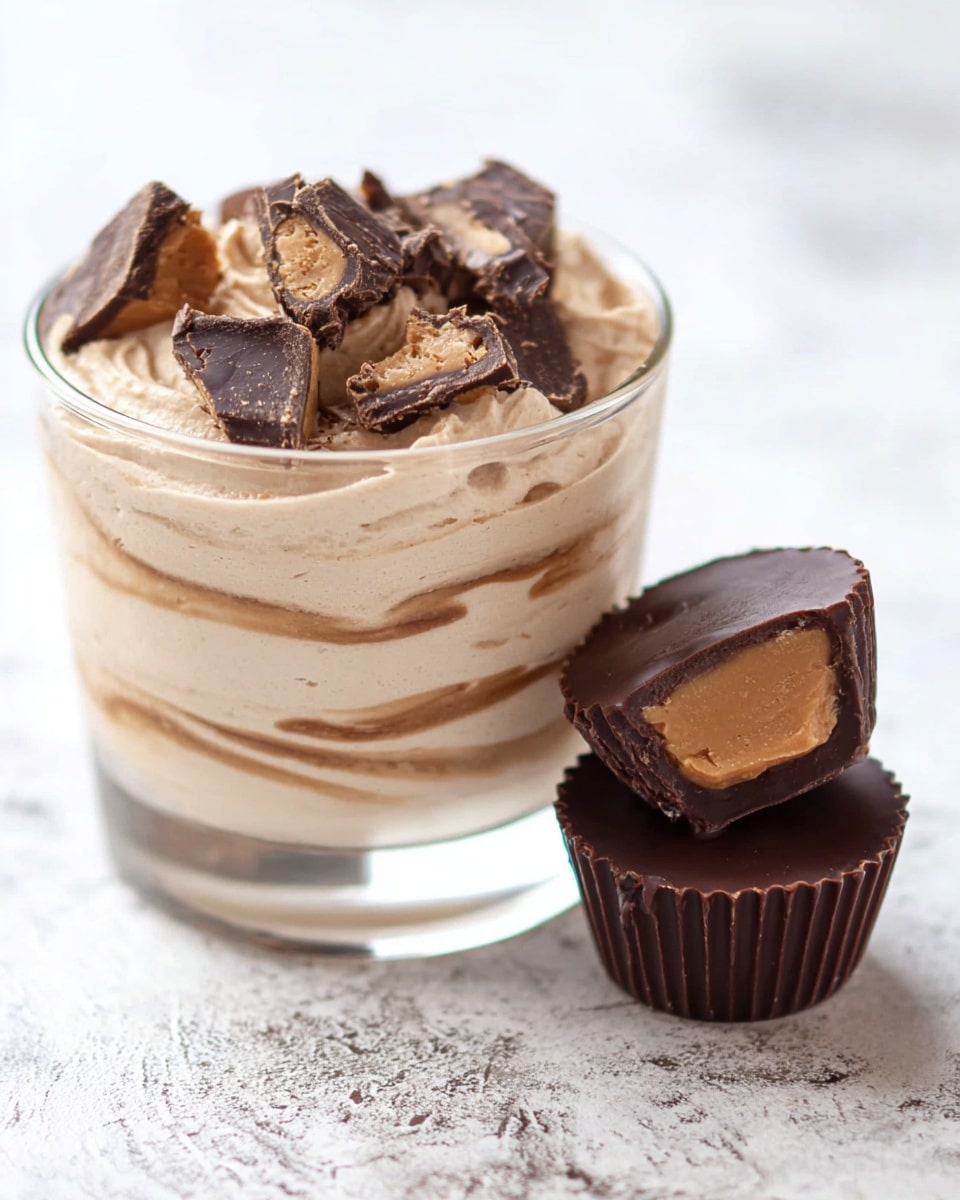 A clear glass cup filled with three thick swirled layers of light brown creamy mousse, topped with uneven pieces of chocolate and peanut butter candy. Next to the glass cup, there are two small peanut butter candy cups stacked, one whole and one cut in half, showing a smooth light brown inside covered in dark chocolate. All this is placed on a white marbled textured surface. photo taken with an iphone --ar 4:5 --v 7
