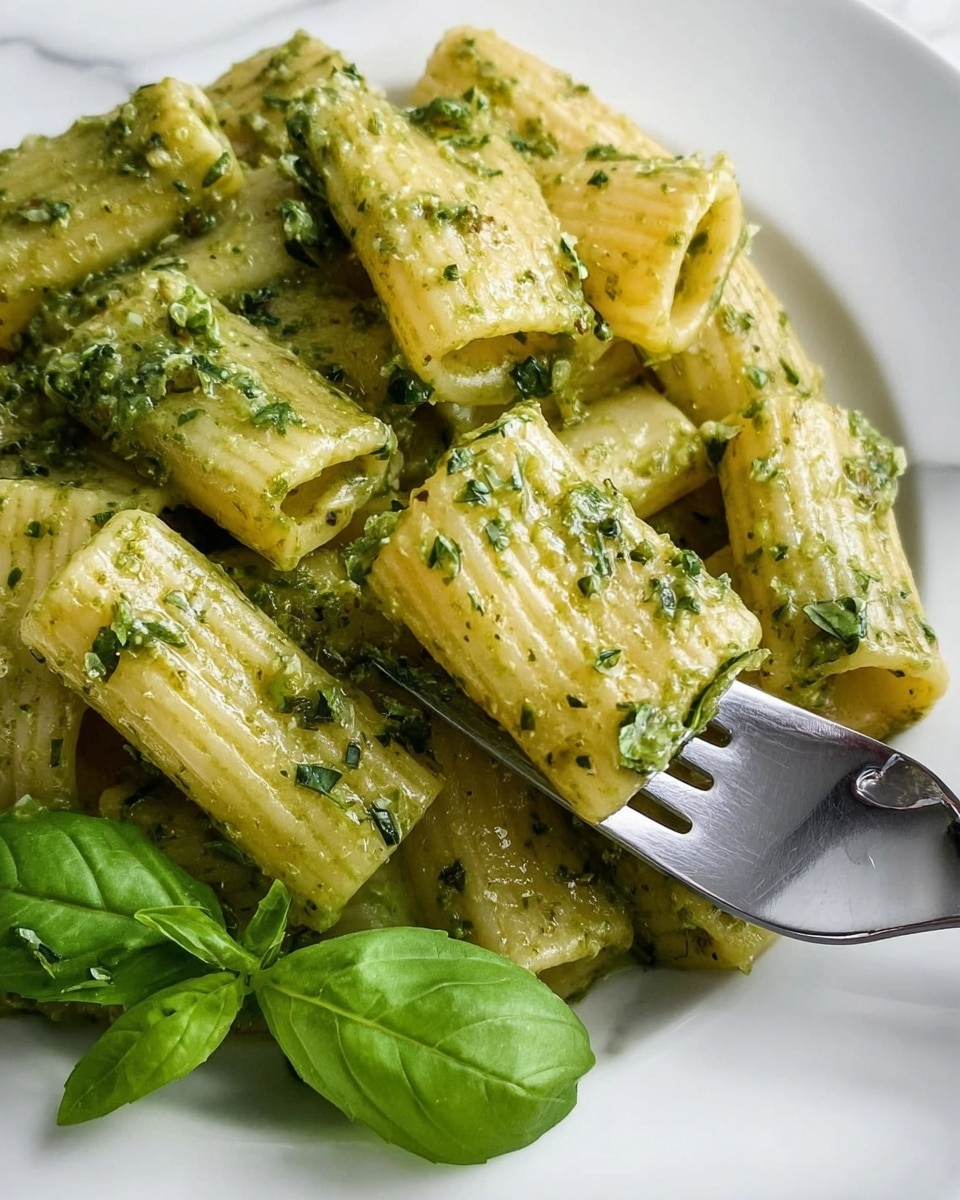 The image shows a close-up of rigatoni pasta coated in a creamy green pesto sauce with visible bits of finely chopped herbs. The rigatoni tubes are thick and have a ridged texture, each covered evenly with the sauce, which has a slightly glossy finish. In the lower left corner of the white plate, there are fresh bright green basil leaves adding a fresh pop of color. A shiny silver fork is resting on the pasta, partially inserted into a rigatoni piece. The dish is set on a white marbled surface. photo taken with an iphone --ar 4:5 --v 7