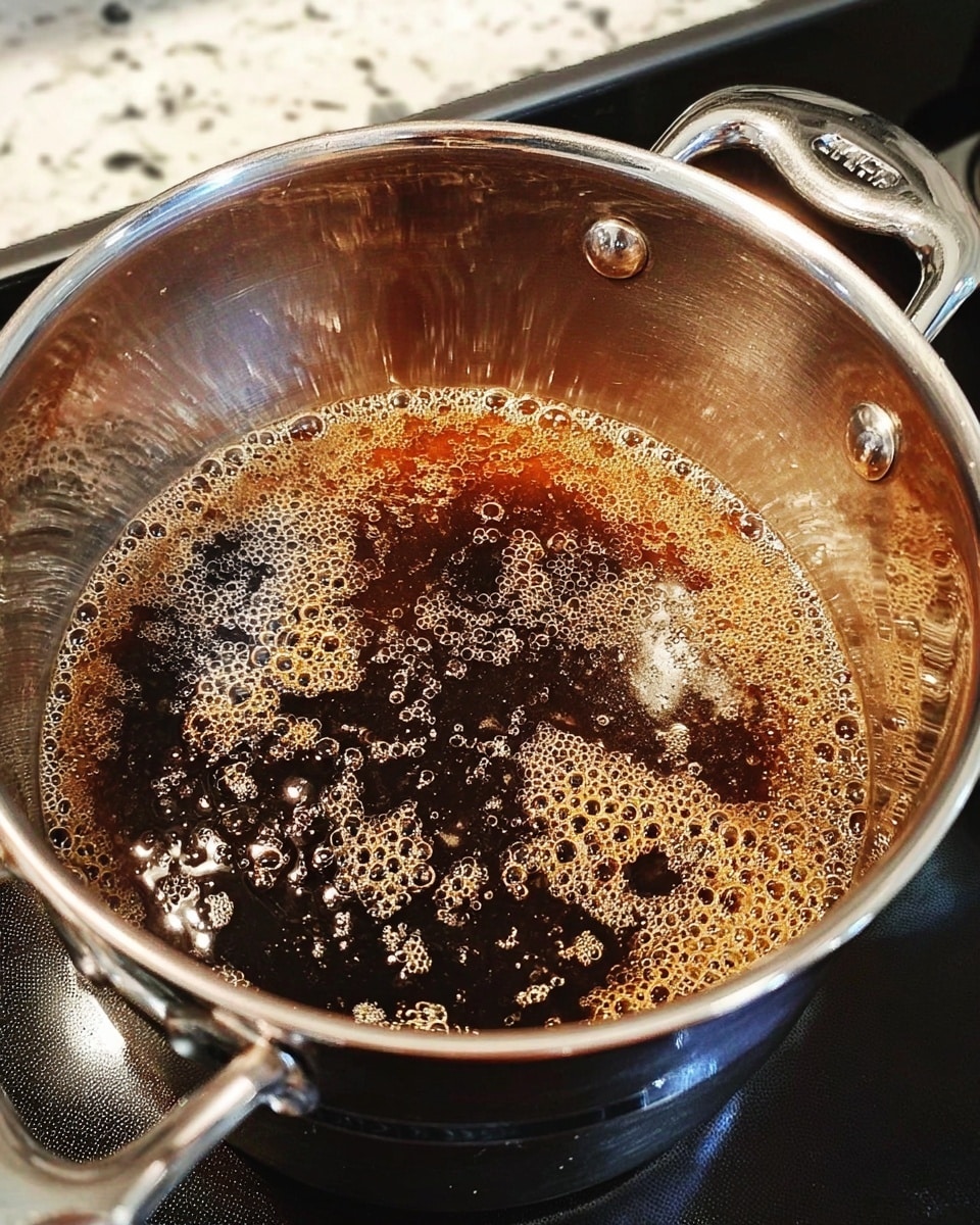 A silver pot with handles filled with dark brown liquid bubbling and boiling inside. The liquid has patches of lighter brown foam mixed with darker bubbles, creating a lively texture on the surface. The pot is placed on a stove with a faint reflection visible on its shiny metal. The background is a white marbled texture. photo taken with an iphone --ar 4:5 --v 7