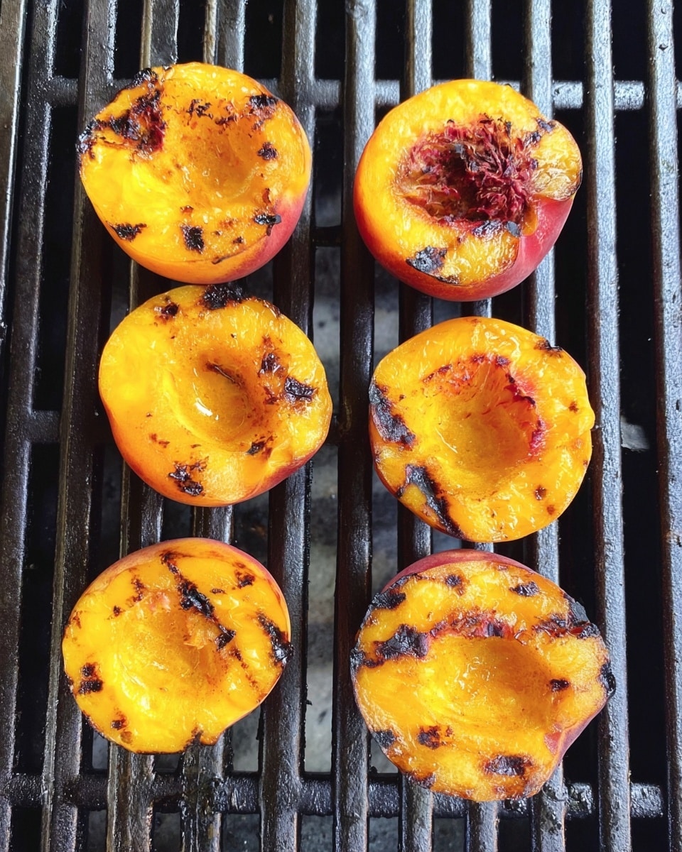 Six grilled peach halves with bright orange-yellow flesh and charred grill marks are placed directly on black metal grill grates. The peaches have some darker brown and black spots from the grilling, showing a slightly soft, juicy texture. The background is a white marbled texture. photo taken with an iphone --ar 4:5 --v 7