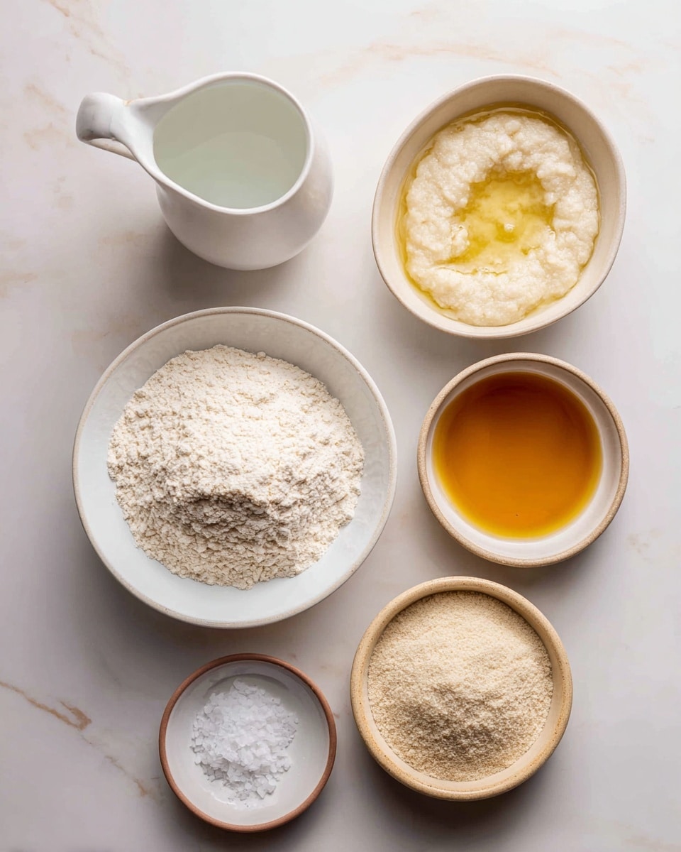 The image shows seven small bowls and a white pitcher arranged on a white marbled surface. At the top center is a white bowl filled with fine, light cream-colored bread flour, slightly heaped in the middle. Below and slightly to the left is a white pitcher holding clear water. To the right of the pitcher is a light beige bowl with a white, thick, bubbly sourdough discard. To the right of the sourdough discard is a small white bowl containing golden amber honey. Below the honey, a tan bowl holds olive oil of a darker yellow shade. Below the sourdough discard, a small white plate contains white salt crystals. Lastly, at the bottom right corner, a light brown bowl holds a pale beige instant yeast powder, all arranged neatly and labeled clearly. photo taken with an iphone --ar 4:5 --v 7