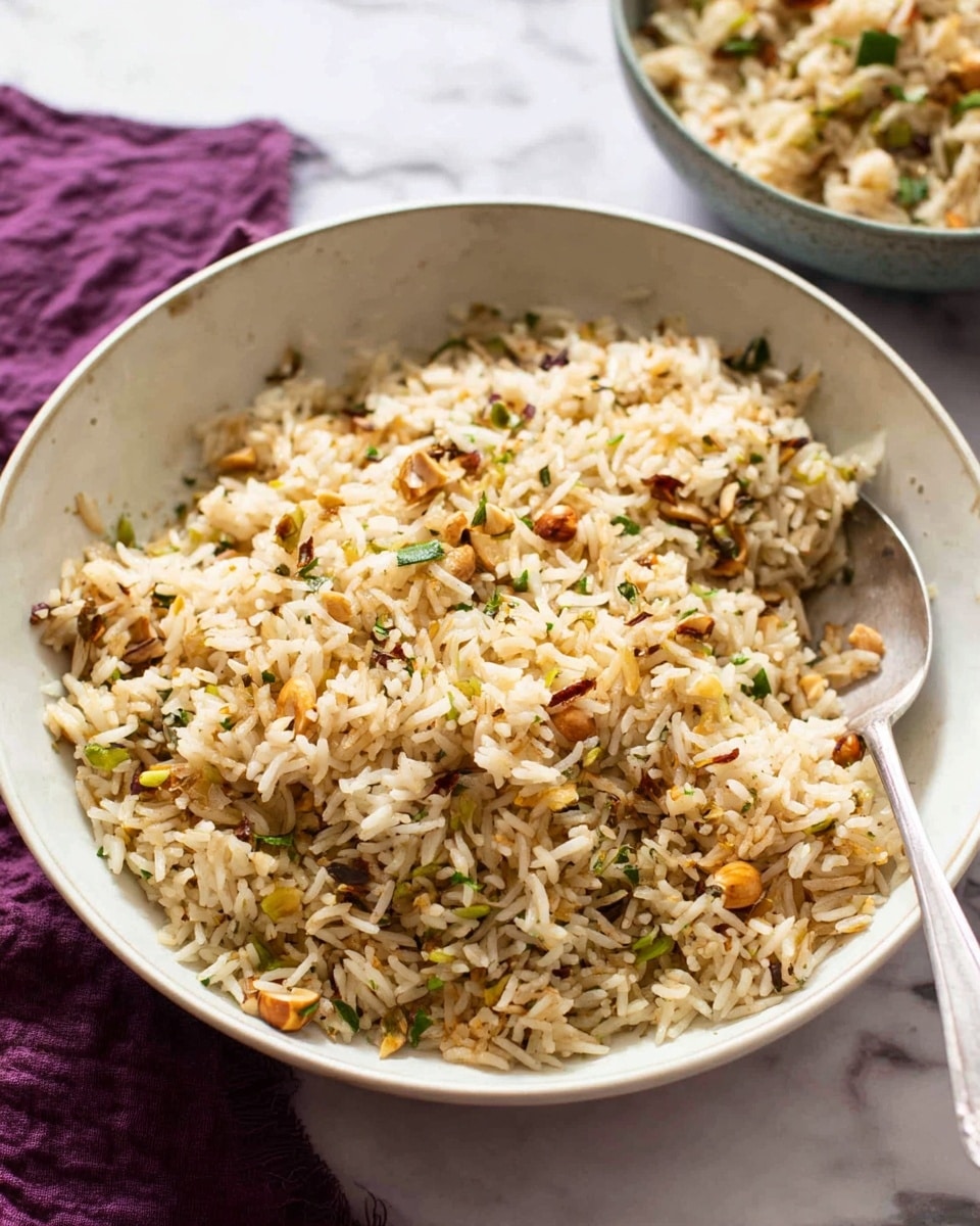 A white bowl filled with cooked rice mixed with small pieces of nuts and herbs, showing a mix of light brown, green, and beige colors. The rice grains appear fluffy and well separated, with chopped nuts and green herbs sprinkled evenly throughout. A fork is placed inside the bowl, partly resting on the side, and the bowl sits on a white marbled surface. There is a purple cloth in the background and another bowl of the same rice dish is partially visible. Photo taken with an iphone --ar 4:5 --v 7