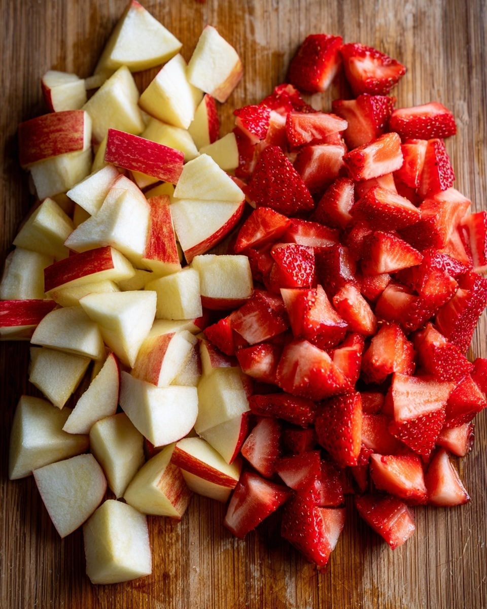 The image shows two piles of chopped fruit placed on a wooden cutting board. On the left side, there are light beige pieces of apple with red skin edges, roughly cut into small chunks and slices. On the right side, there are bright red strawberry pieces sliced into various shapes, mostly triangular and small. The wood grain background contrasts the fruit colors clearly. photo taken with an iphone --ar 4:5 --v 7