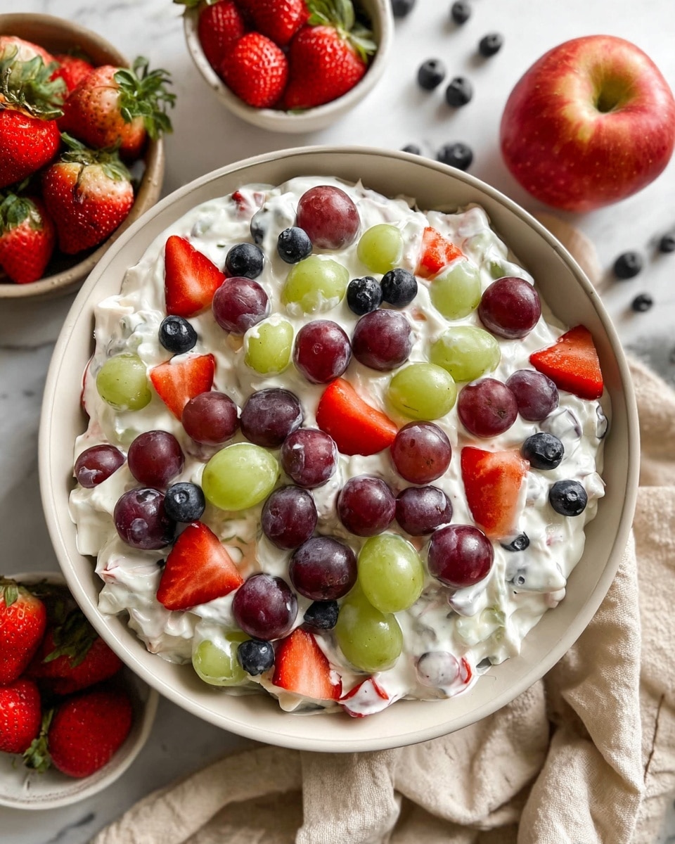 A white bowl is filled with a creamy white mixture with visible chunks of fruit, topped with whole green grapes, red grapes, halved red strawberries, and small dark blue blueberries, all spread evenly on top. Around the bowl, there are small bowls of whole strawberries and red grapes, with an apple to the side, all placed on a white marbled surface with a light beige cloth nearby. The colors are bright and fresh with the creamy white base contrasting the vibrant red, green, purple, and blue fruits. photo taken with an iphone --ar 4:5 --v 7