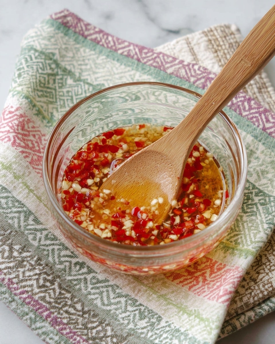 A clear glass bowl filled with a mixture of small pieces of red chili, white garlic, and light golden liquid, creating a colorful blend floating together. Inside the bowl, there is a wooden spoon with a long smooth handle resting, partially dipped in the mixture. The bowl is placed on a folded cloth with a pattern of diagonal lines and diamond shapes in soft colors like green, pink, and gray, all set against a white marbled surface. photo taken with an iphone --ar 4:5 --v 7