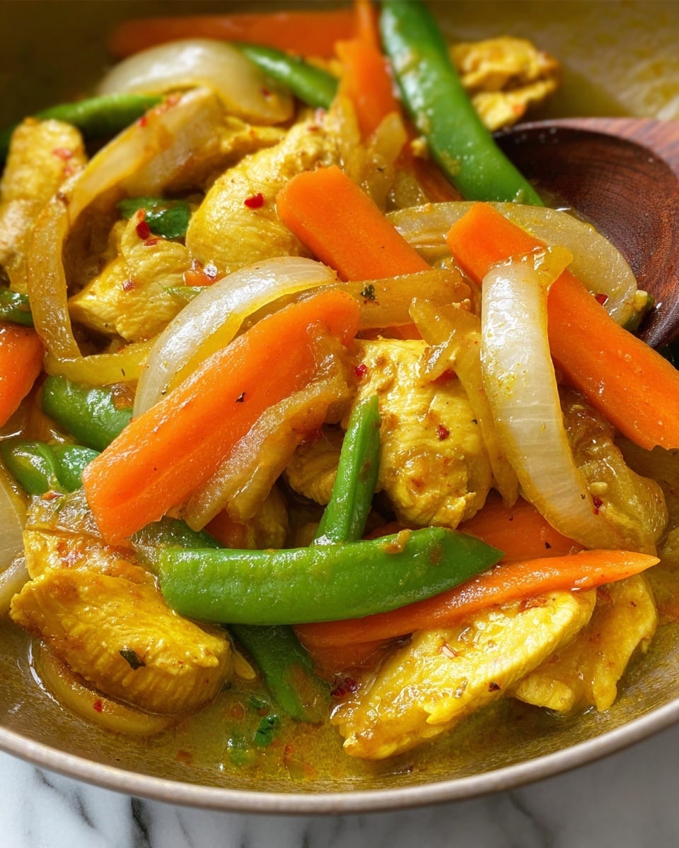 The image shows a close-up of a dish with several layers of soft, yellowish pieces of cooked chicken mixed with segments of bright orange carrot strips, translucent white onion slices, and vibrant green snap peas, all coated in a thick golden sauce with small red specks. A wooden spoon is partially visible on the right side, resting within the dish. The background consists of a white marbled texture. photo taken with an iphone --ar 4:5 --v 7