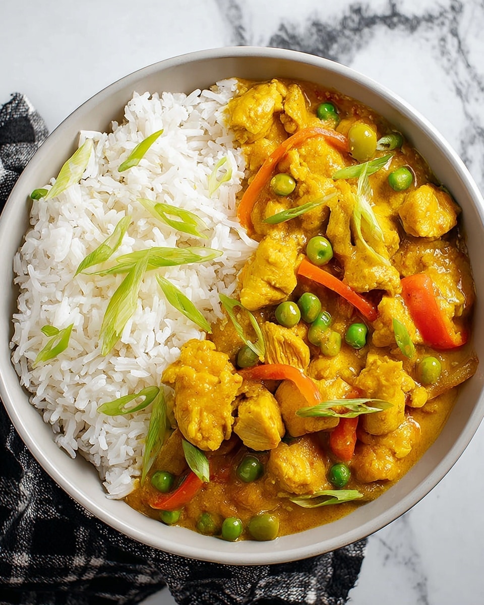 A white bowl holds two main parts: on the left side, there is a neat layer of plain white rice with visible grains; on the right side, there is a colorful curry with chunks of golden yellow meat mixed with green peas, strips of red and green bell peppers, and pieces of onion. The curry looks thick and creamy with a smooth texture, topped with fresh green onion slices spread over both the rice and curry. The bowl is placed on a white marbled surface with a white and dark gray checkered cloth nearby. photo taken with an iphone --ar 4:5 --v 7
