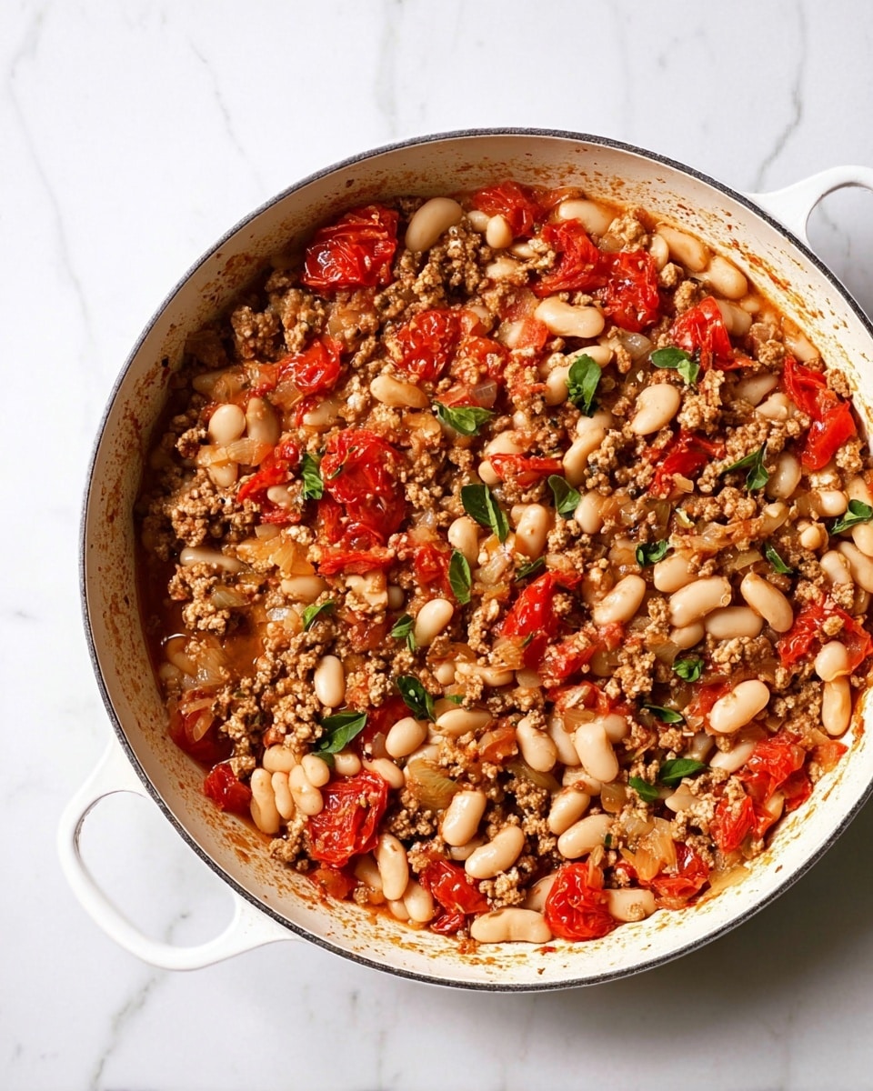 A white enamel round pan filled with a colorful mixture of warm cooked ingredients layered together: white large beans scattered evenly throughout, bright red cherry tomatoes in soft chunks, and crumbly cooked ground meat in a light brown shade. Small bright green herb leaves are sprinkled throughout, adding freshness and contrast to the dish. The pan's edges show some browned bits, suggesting a rich, slow-cooked meal. The background is a clean white marbled texture. photo taken with an iphone --ar 4:5 --v 7