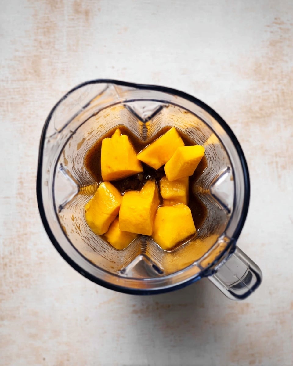 Top view of a clear blender container on a white marbled surface, filled with layers of food. At the bottom, there is a dark brown liquid. On top of the liquid, there are several pieces of bright yellow-orange fruit chunks with smooth texture, positioned unevenly inside the container. The blender has a clear handle on the right side and visible blades at the bottom. photo taken with an iphone --ar 4:5 --v 7