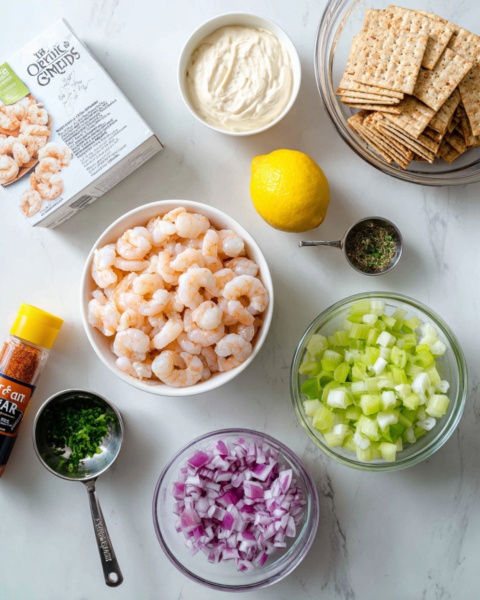 A white bowl filled with small, light pink shrimp sits near the center on a white marbled surface. Above it, a small glass bowl holds creamy white mayo with a soft texture. To the right of the mayo, another glass bowl contains chopped celery in light green and white pieces. Beside it, a metal measuring cup holds diced purple-red onions. Near the top center, a half lemon with bright yellow skin and juicy inside rests. A small glass bowl with finely chopped green herbs is placed near the lemon. To the left, a bottle labeled Old Bay seasoning with a brown powder is angled on the surface. On the right side, a white box of seed flour crackers is partly visible, stacked with light brown crackers on the packaging. In the upper right corner, part of a clear glass mixing bowl sits on the surface. photo taken with an iphone --ar 4:5 --v 7