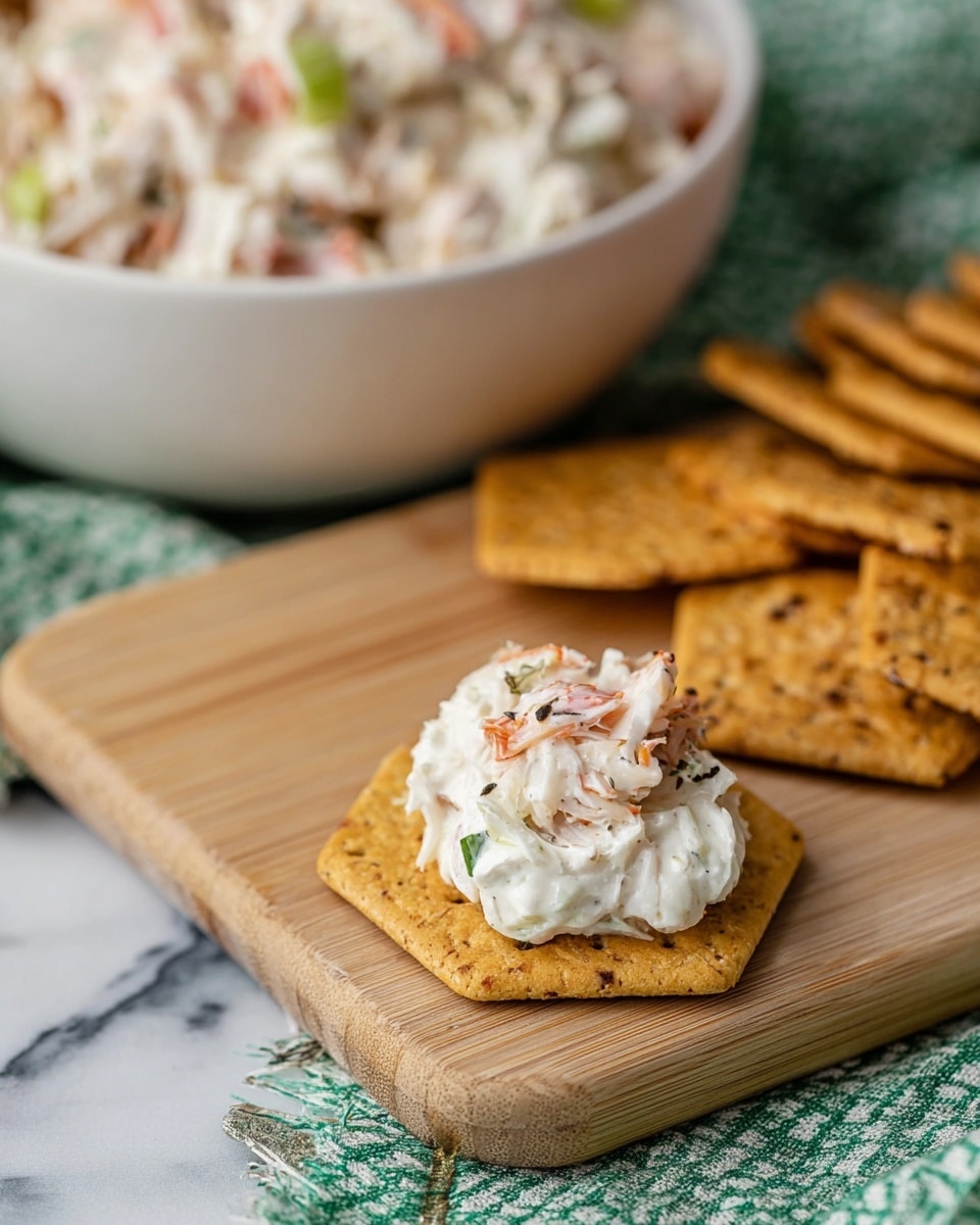 A close-up view of a single hexagon-shaped cracker with a rough texture and small dark seeds is topped with a creamy white salad mixture. The salad has two layers: the bottom layer is a thick white creamy dressing with small green herbs and bits of celery, and the top layer shows pieces of white and red crab meat with a fibrous texture. The cracker sits on the edge of a light wooden board with more crackers stacked neatly behind it. In the background, a large white bowl clearly filled with the same creamy salad sits on a white marbled surface partly covered by a green and white cloth photo taken with an iphone --ar 4:5 --v 7