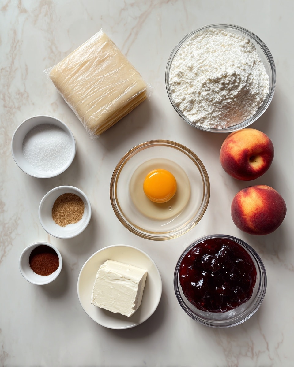 The image shows ingredients laid out on a white marbled surface. On the left is a folded sheet of pale beige puff pastry on its packaging. At the top right, a clear glass bowl holds white granulated sugar. Below the sugar are two whole round peaches with red and orange skin. A small clear glass bowl in the middle contains a raw egg with a bright yellow yolk floating in the clear egg white. Next to the egg is a small dark bowl with white cornstarch powder and below it a small white bowl with a cream cheese block, smooth and off-white. A tiny white bowl at the bottom left has ground cinnamon, brown and fine. Finally, a small clear glass bowl at bottom right contains dark red jelly with a thick texture and visible fruit pieces. Photo taken with an iphone --ar 4:5 --v 7