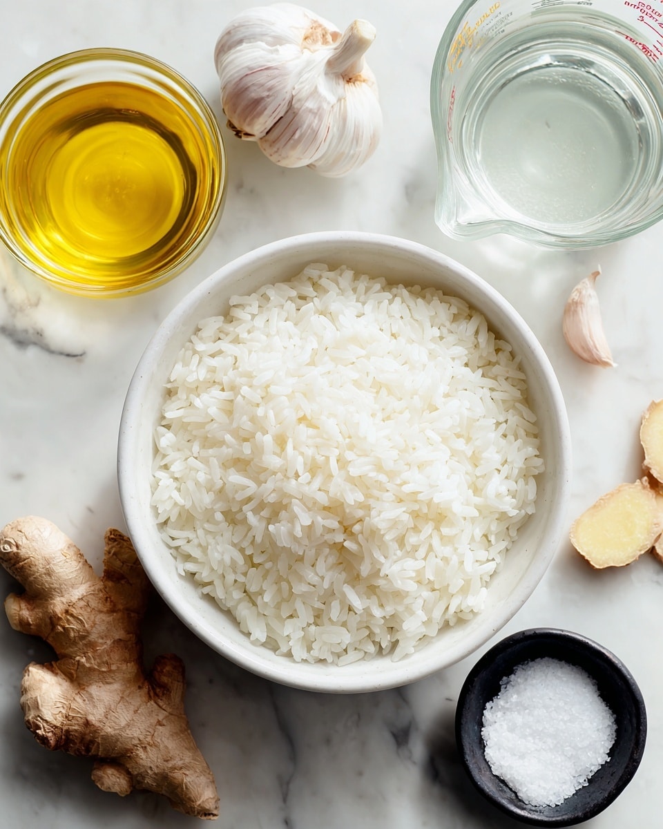 A white bowl filled with uncooked jasmine rice sits on a white marbled surface. Around the bowl are a piece of garlic, a piece of ginger, a small glass jar of olive oil with a yellow-golden color, a measuring cup filled with clear water, and a small black bowl containing white salt. Each ingredient is spaced out neatly and the lighting is bright and natural. photo taken with an iphone --ar 4:5 --v 7