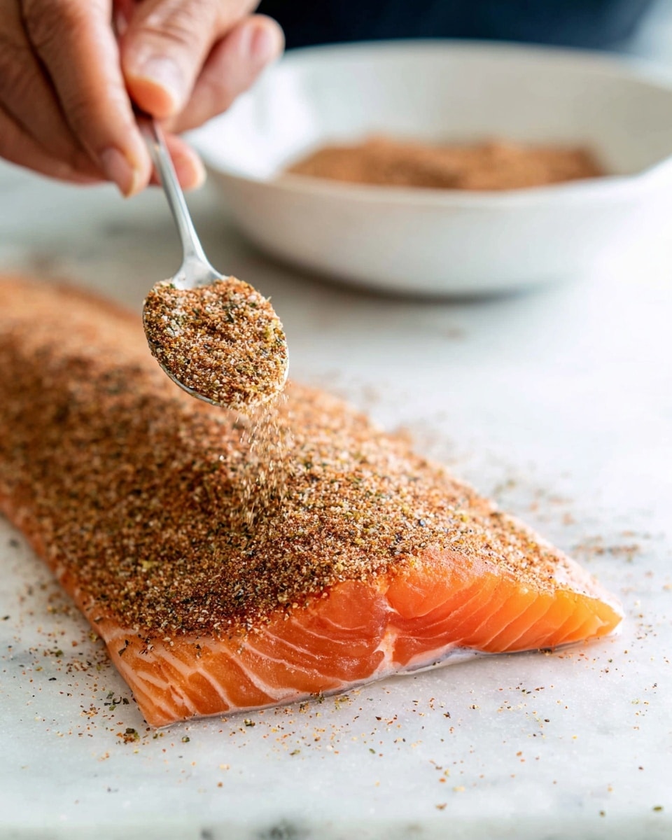 A raw piece of orange-pink salmon fillet lies flat on a white marbled surface, covered evenly with a layer of brown spice mix that has various small green, black, and white specks. Above the salmon, a woman's hand holds a silver spoon filled with the same brown spice mix, poised to sprinkle more. In the background, there is a white bowl filled with the spice mix, slightly out of focus. The scene is bright with soft lighting. Photo taken with an iphone --ar 4:5 --v 7