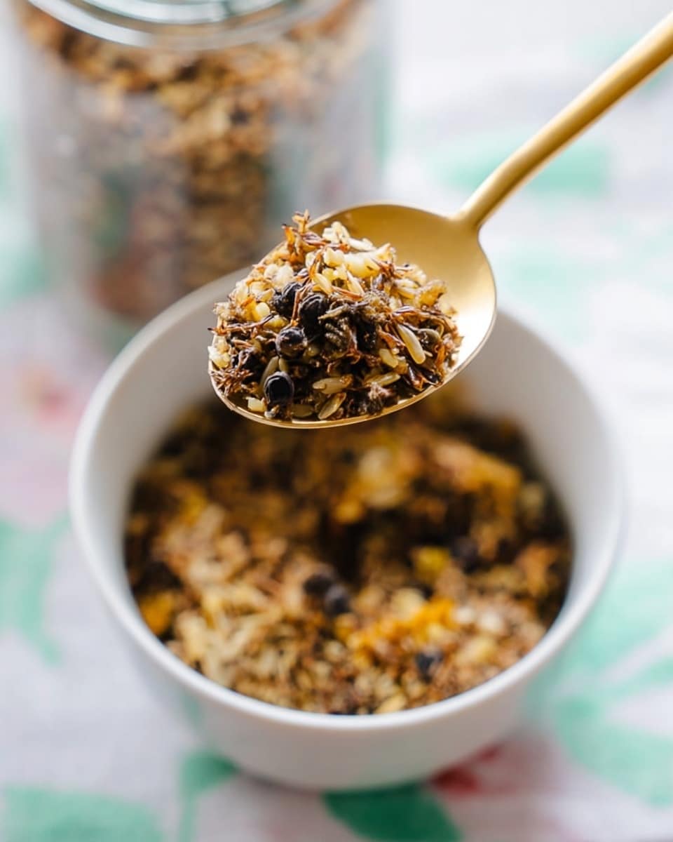 A close-up image shows a golden spoon filled with a mix of small brown seeds, black round berries, and bits of yellow nuts. The spoon holds the seed mixture above a white bowl with more of the mixture inside. The background shows a blurry glass container and a cloth with white marbled texture under the bowl. The lighting is bright and soft, highlighting the textures of the seeds and berries. photo taken with an iphone --ar 4:5 --v 7