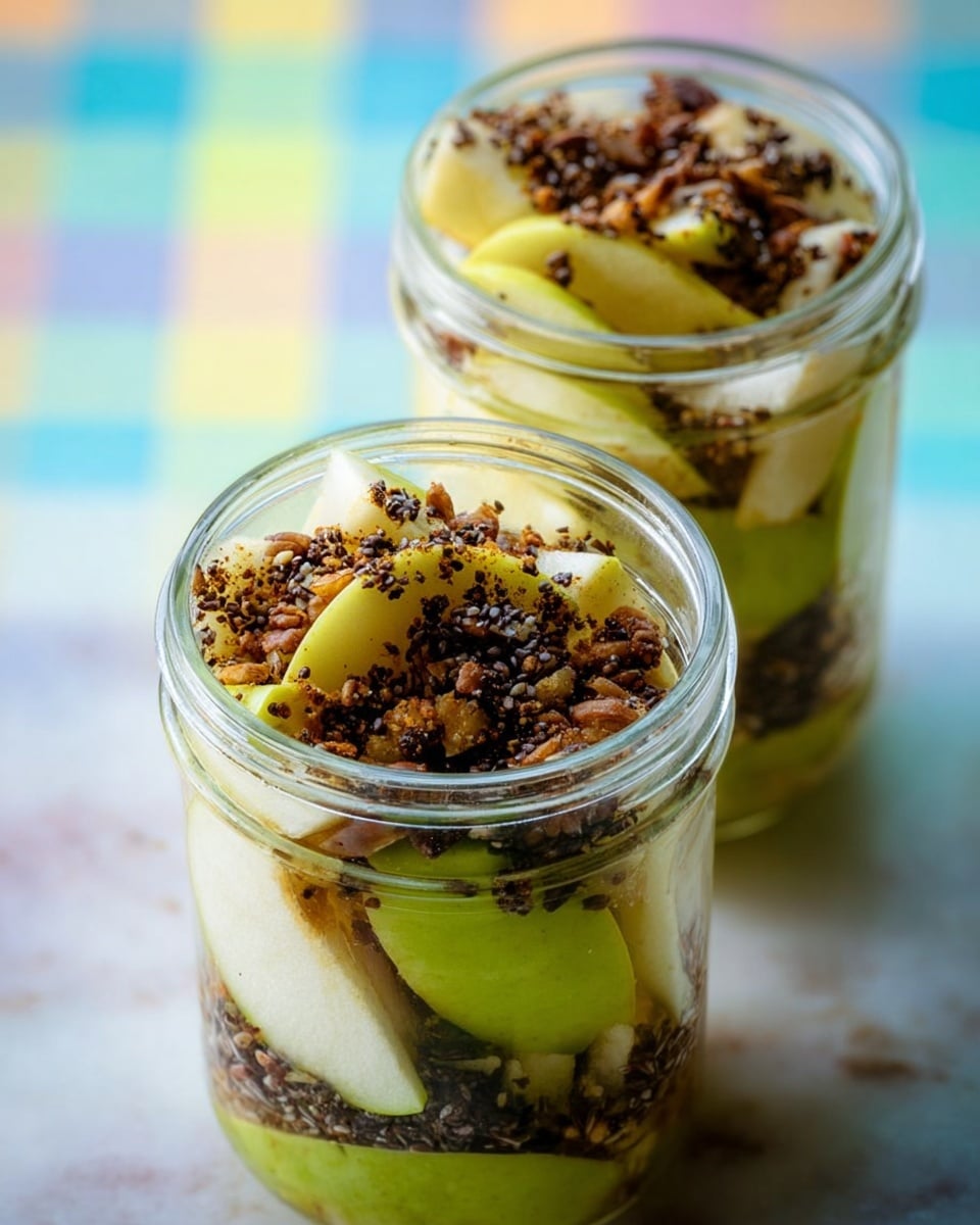 Two clear glass jars are filled with layers of light green apple slices with pale white flesh, topped with a mixture of dark brown and black spices and seeds that add texture and color contrast. The jars sit on a white marbled surface with a blurred background of soft pastel colors that include light blue, green, yellow, and pink in a checkered pattern. The close-up angle focuses on the open tops of the jars, showing the detailed textures and colors inside. photo taken with an iphone --ar 4:5 --v 7