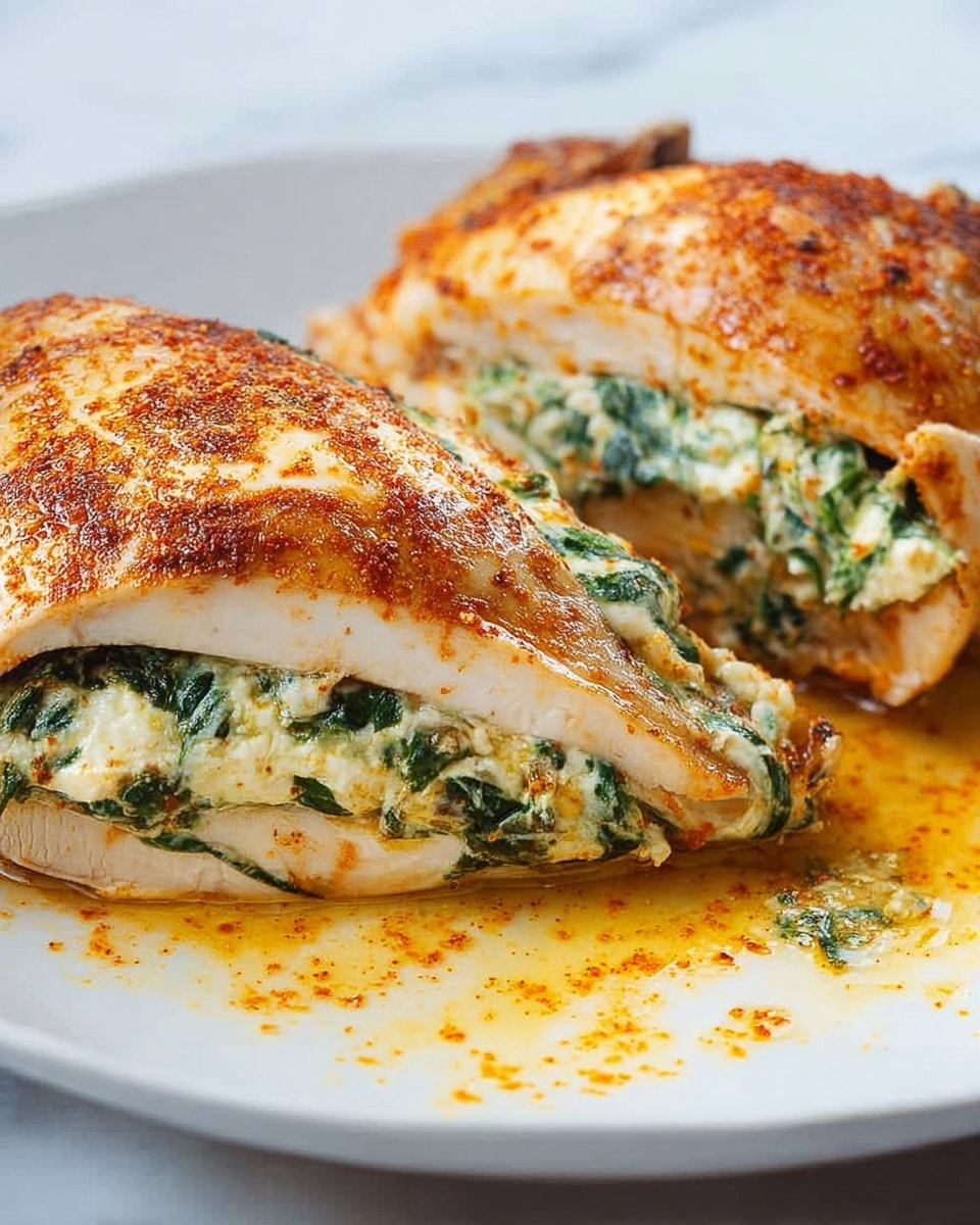 The image shows a close-up of a white plate with two pieces of stuffed chicken. Each piece has two main layers: the outside layer is light golden brown with a slightly crispy texture, and the inside layer is creamy white mixed with chopped green spinach. The stuffing layer sits thickly in the middle of the chicken, visible because the chicken is gently folded around it. There is a light orange seasoning on top of the chicken that adds warmth to the overall color. The plate has some light orange oil or sauce around the chicken, sitting on a white marbled surface. Photo taken with an iphone --ar 4:5 --v 7