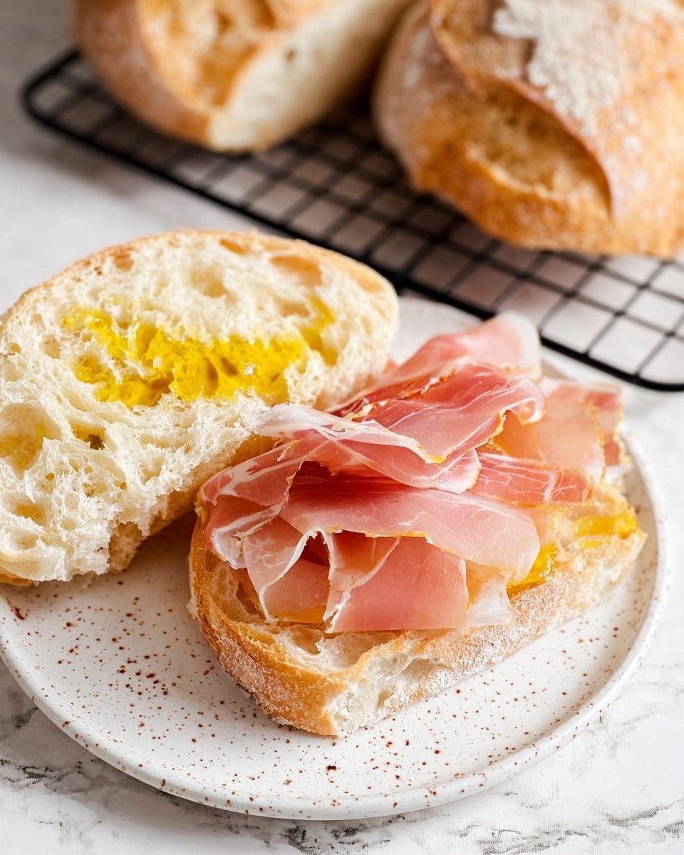 The image shows an open sandwich on a white speckled round plate placed on a white marbled surface. The sandwich has two slices of light, airy bread with a soft, porous texture. One slice has a drizzle of golden olive oil shining on it, the other slice is topped with thin, folded layers of pinkish-brown cured ham. In the background, there are two whole pieces of similar bread resting on a black wire rack and the white marbled surface. Photo taken with an iphone --ar 4:5 --v 7