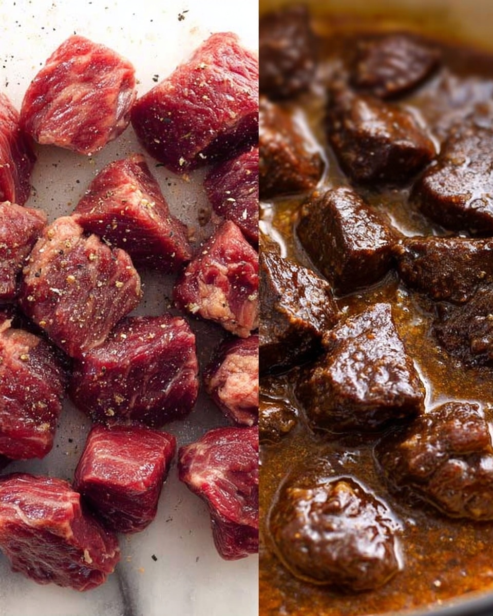 The image shows two side-by-side close-ups of beef pieces. On the left, raw beef chunks are laying on a white marbled surface, with a mix of light and dark red colors, marbled with some white fat, and some black pepper sprinkled on top. On the right, the beef chunks are cooked to a dark brown color, appearing tender and moist, sitting in a brown sauce with slight bubbles and a glossy texture. The cooked beef pieces have uneven, rough edges, and the sauce surrounds them in the pan. Photo taken with an iphone --ar 4:5 --v 7