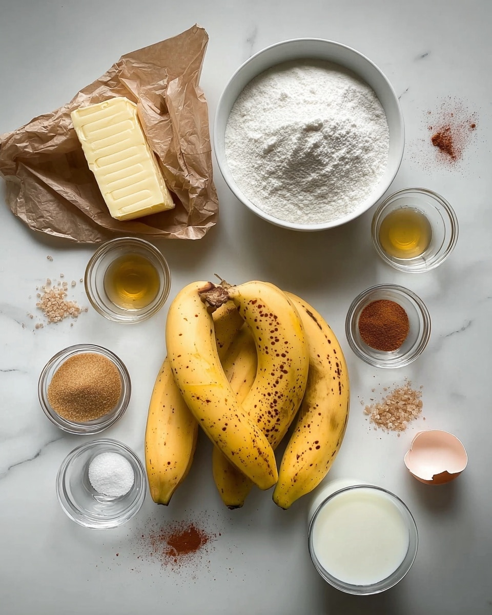 A top-down view shows ingredients arranged neatly on a white marbled surface. At the center are four ripe yellow bananas with brown spots, slightly curved and overlapping each other. To the left, a partially unwrapped stick of pale yellow butter rests on silver foil. Above the bananas is a white bowl filled with white granulated sugar, and beside it to the left is an open brown paper bag spilling white flour onto the surface. Surrounding the bananas and bowls are several small clear glass bowls, each containing different ingredients: light brown sugar, golden liquid (possibly vanilla extract), granulated salt, white powder (baking powder or soda), and reddish-brown spices scattered both in bowls and loose on the surface. At the bottom right, there is a clear glass filled with white milk next to an empty, cracked eggshell. The arrangement is clean with a natural color mix of yellows, browns, and whites, all on the white marbled background. photo taken with an iphone --ar 4:5 --v 7