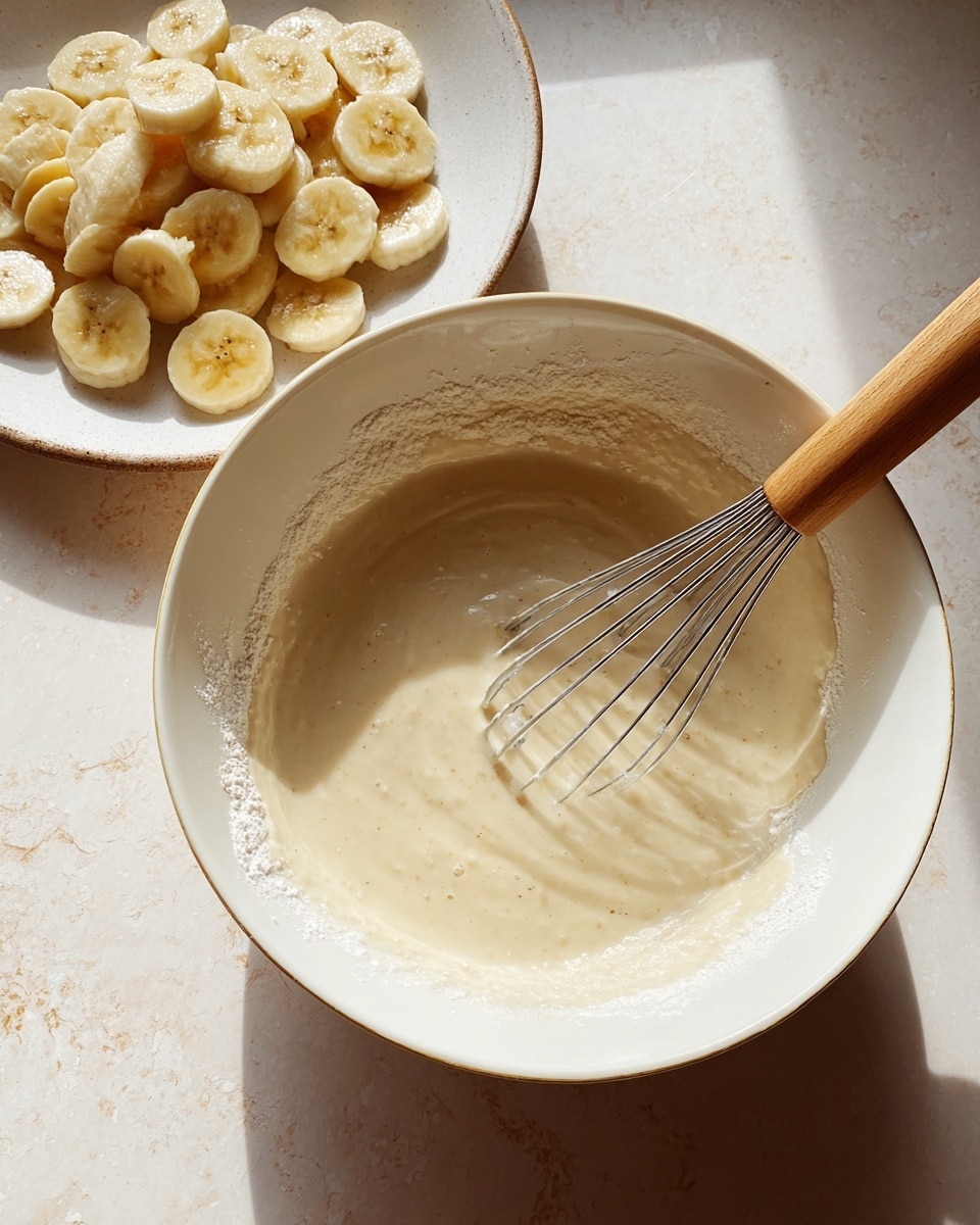 A white bowl filled with batter that is creamy and light beige, with some flour bits on the sides and a metal whisk with a wooden handle resting inside the bowl. Next to it, there is a white plate with stacked banana slices that are pale yellow with a soft texture. Both are placed on a white marbled surface illuminated by bright natural light, casting soft shadows. Photo taken with an iphone --ar 4:5 --v 7