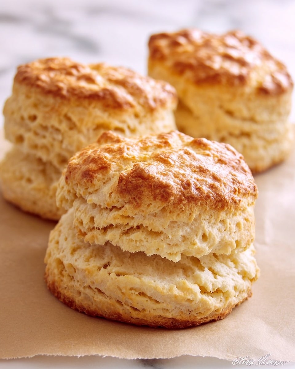 The image shows three golden brown biscuits with a rough, crumbly texture on top and a soft, flaky inside, each about two layers of dough stacked together. The main biscuit in the center has a visible crack around the middle where the layers meet, showing its fluffy softness inside. The biscuits are placed on parchment paper, with a white marbled texture visible in the background. The biscuit dough looks light and fluffy with a slightly uneven surface from baking. The photo taken with an iphone --ar 4:5 --v 7