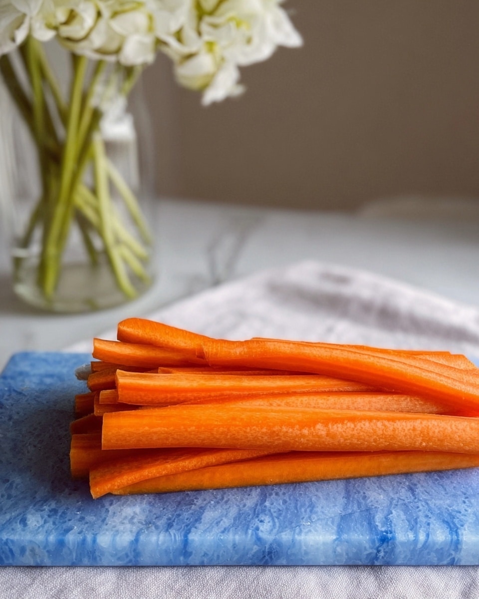 A stack of long, thin carrot sticks with a bright orange color is arranged in a pile on a blue marbled cutting board. The board has a smooth texture and is placed on a light-colored cloth. In the background, a glass vase with white flowers and green stems is slightly out of focus against a neutral wall, all on a white marbled surface. photo taken with an iphone --ar 4:5 --v 7