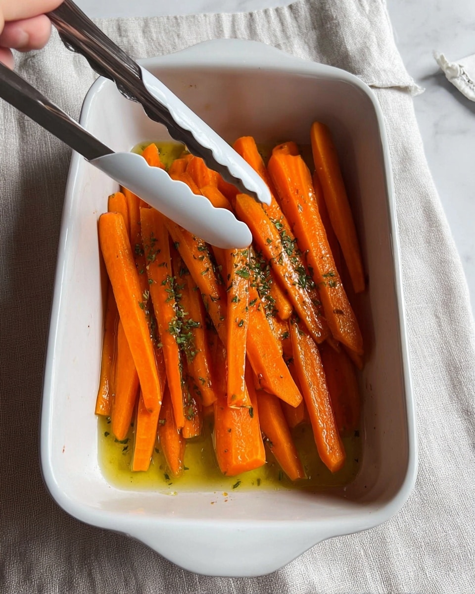 The image shows a white rectangular baking dish filled with long, bright orange carrot sticks arranged in one layer. The carrots are sprinkled with small green herbs and drizzled with oil that adds a slight shine to their surface. A pair of silver tongs with white silicone tips is held by a woman's hand, poised above the carrots inside the dish. The dish is placed on a light-colored linen fabric with a white marbled texture background. photo taken with an iphone --ar 4:5 --v 7
