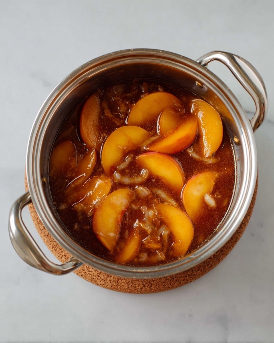 A top view of a shiny silver pot with two handles filled with a dark brown liquid containing soft, orange peach slices and small bits of onion cooking together. The pot is placed on a round cork base, all on a white marbled surface. The peach slices are thick, with smooth and slightly glossy textures, floating evenly in the thick brown sauce, with pieces of onion mixed inside. photo taken with an iphone --ar 4:5 --v 7